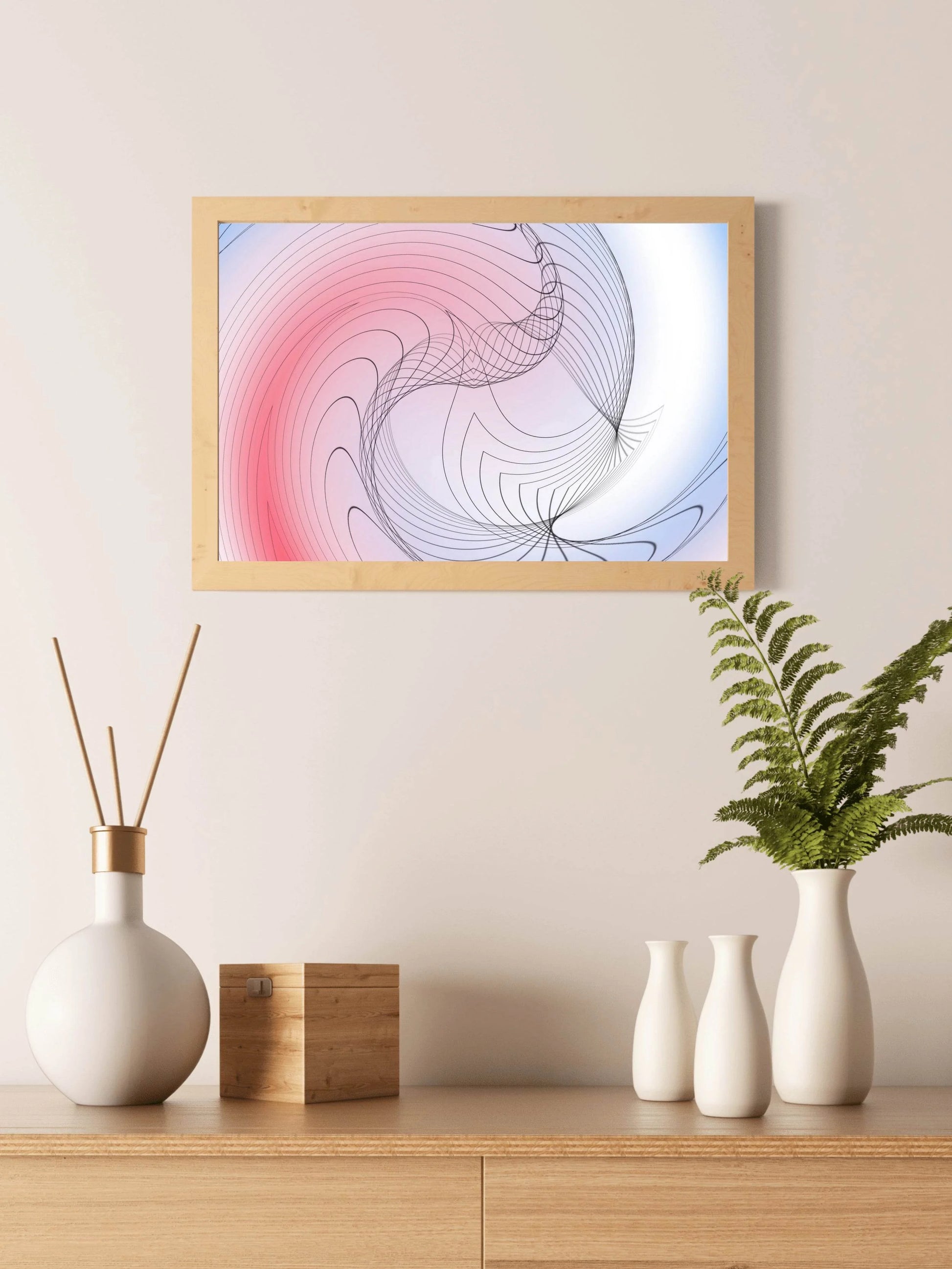 Oval Lines with Blue and Red Background Abstract Wall Art - beink online art store