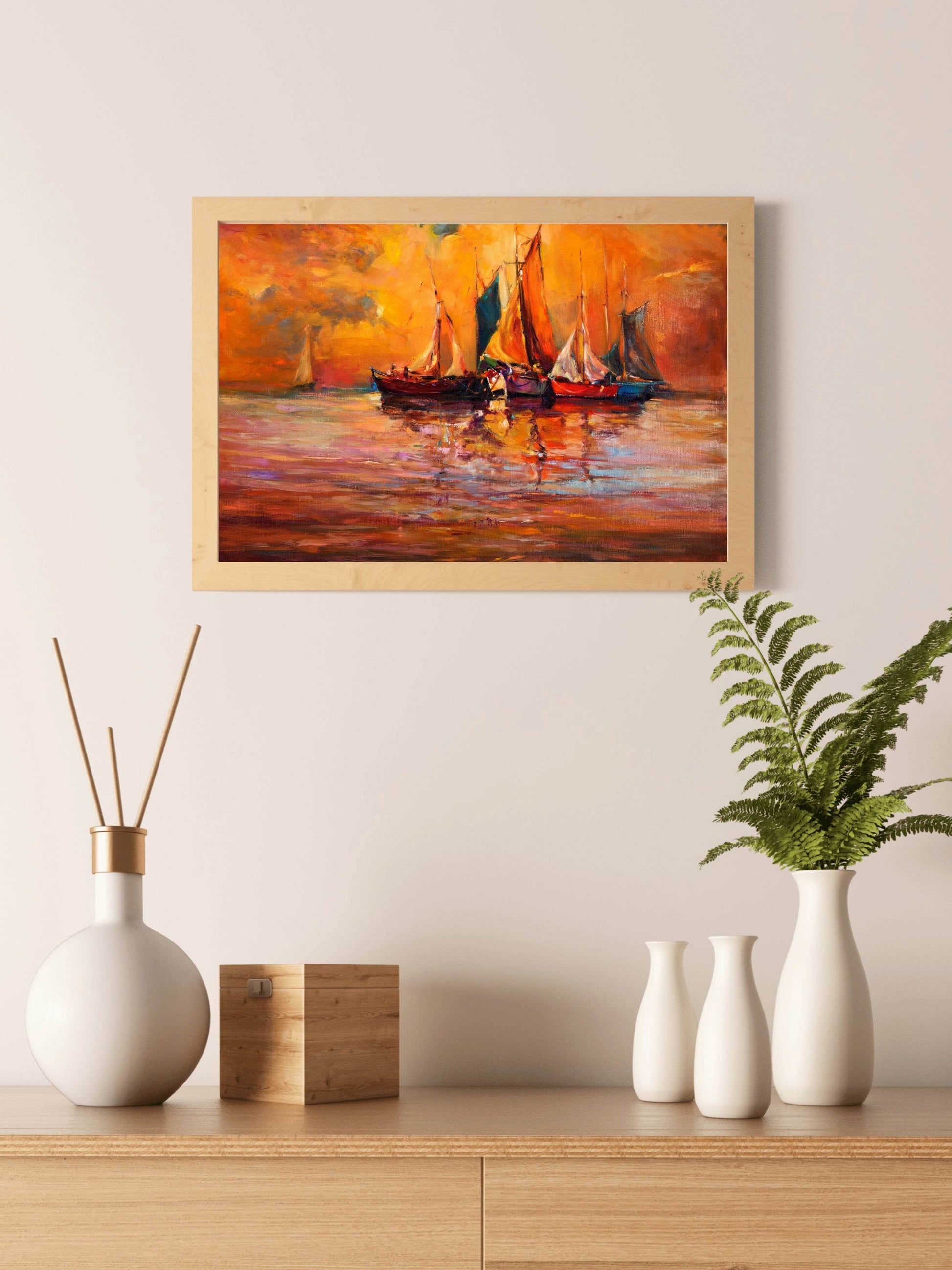 Fishing Boats in The Golden Sunset of The Sea Wall Art - beink online art store