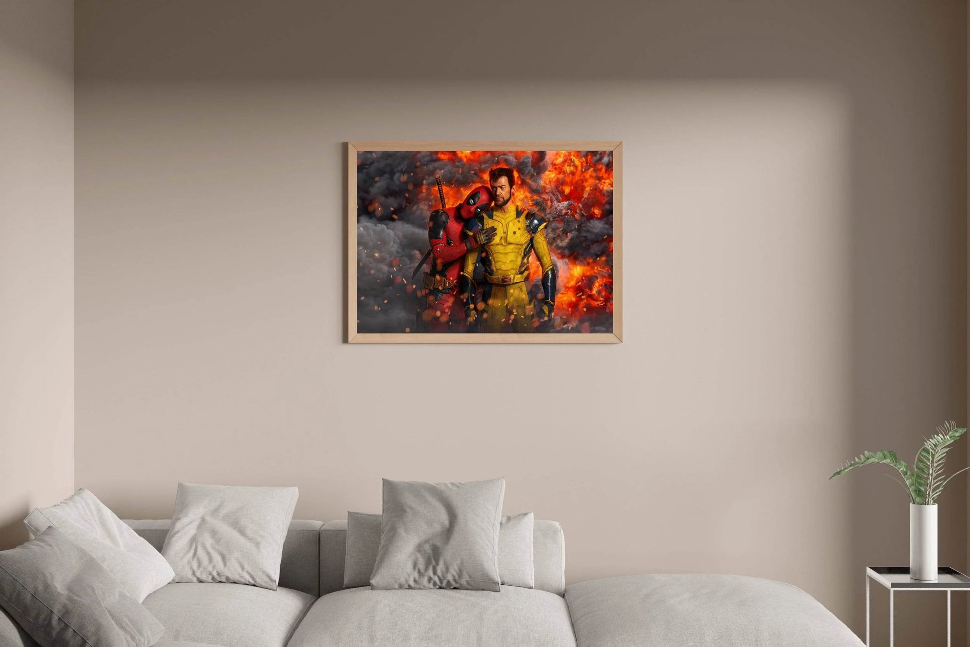 Funny Deadpool & Wolverine with Fire Background - beink online art store