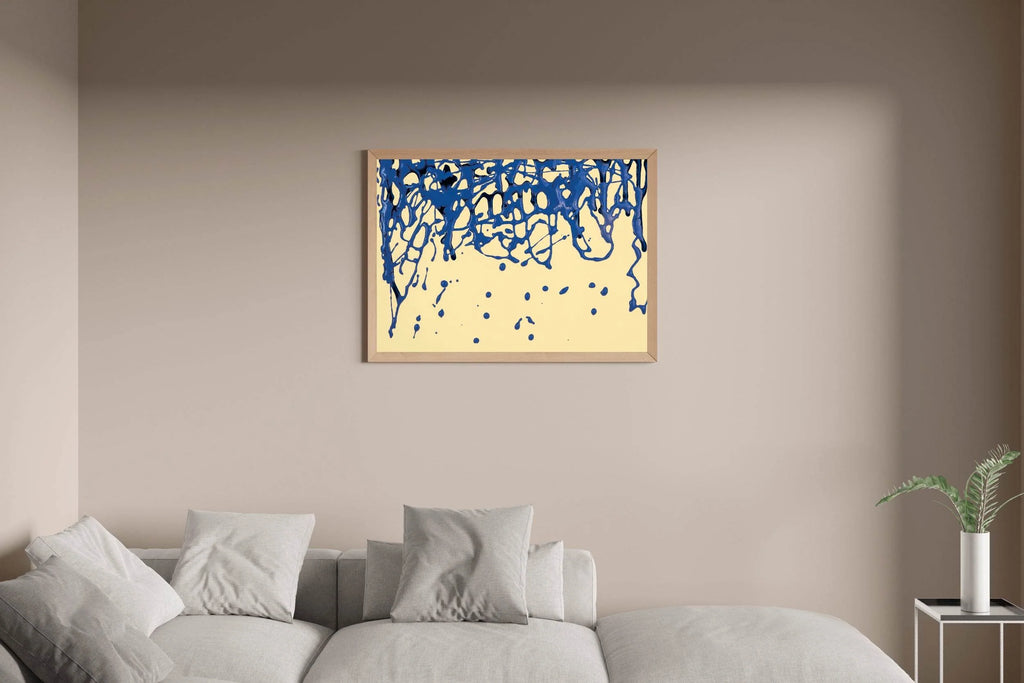 Scattered Blue Paint on Yellow Background Abstract Wall Art - beink online art store