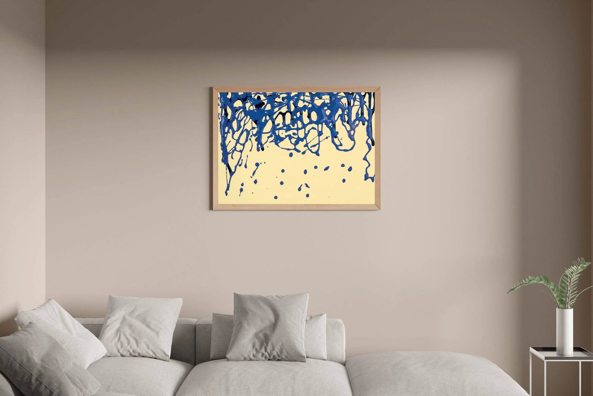 Scattered Blue Paint on Yellow Background Abstract Wall Art - beink online art store