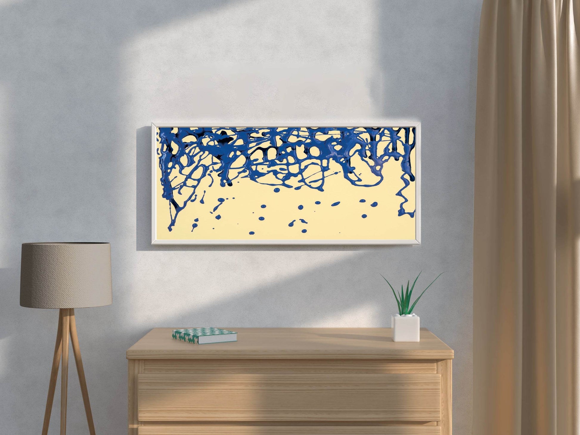 Scattered Blue Paint on Yellow Background Abstract Wall Art - beink online art store