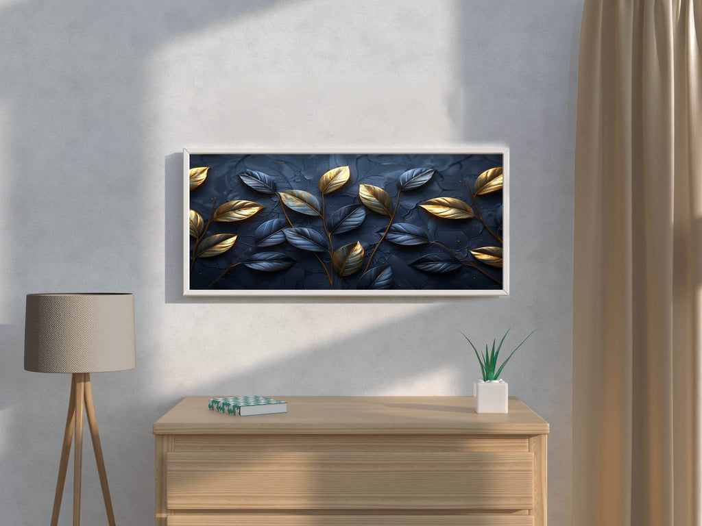 Classy Golden and Blue 3d Leaves Abstract Wall Art - beink online art store