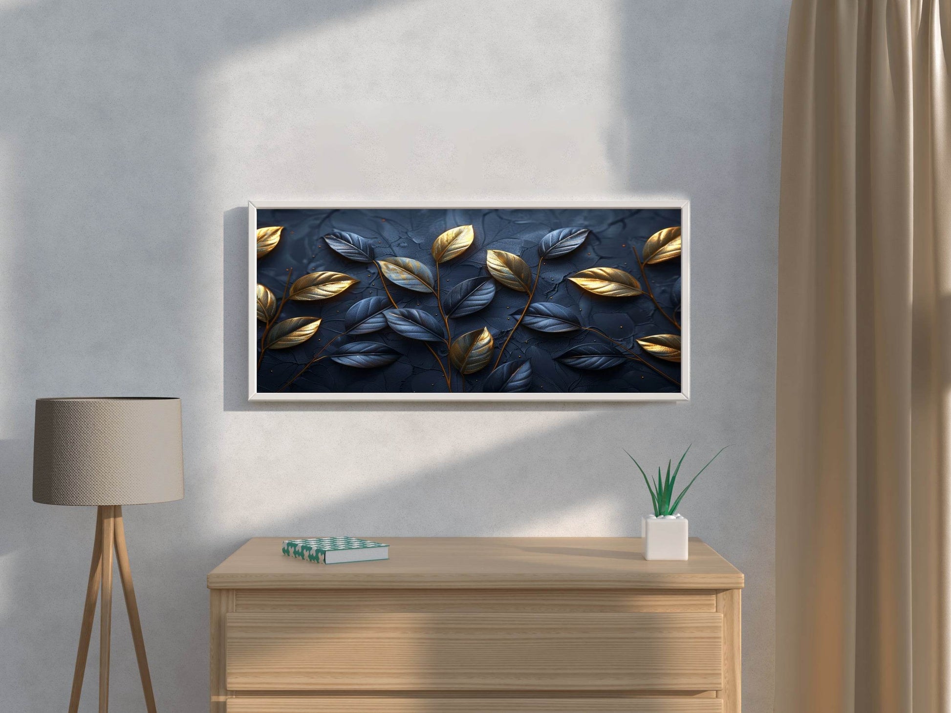 Classy Golden and Blue 3d Leaves Abstract Wall Art - beink online art store