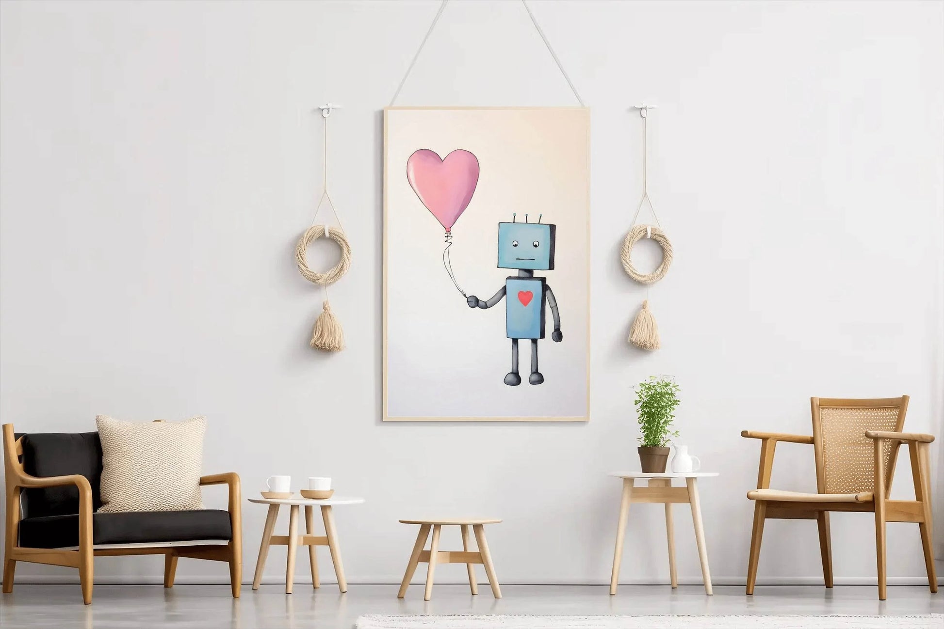 Drawing of Blue Robot Holding Pink Heart - beink online art store