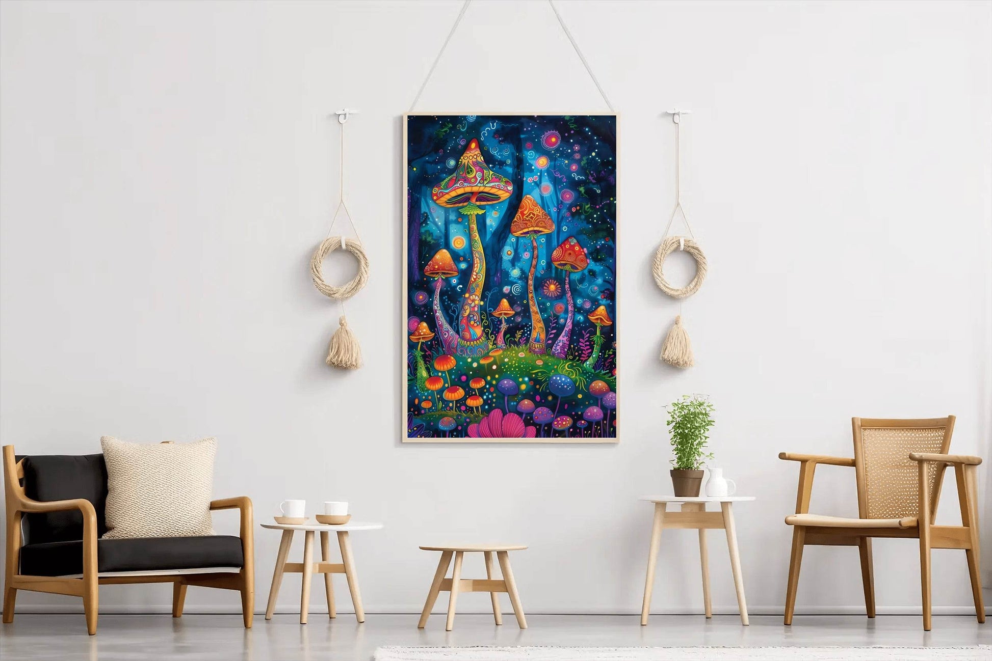 Brightly colored mushrooms and trees in a fantasy forest at night Wall Art - beink online art store