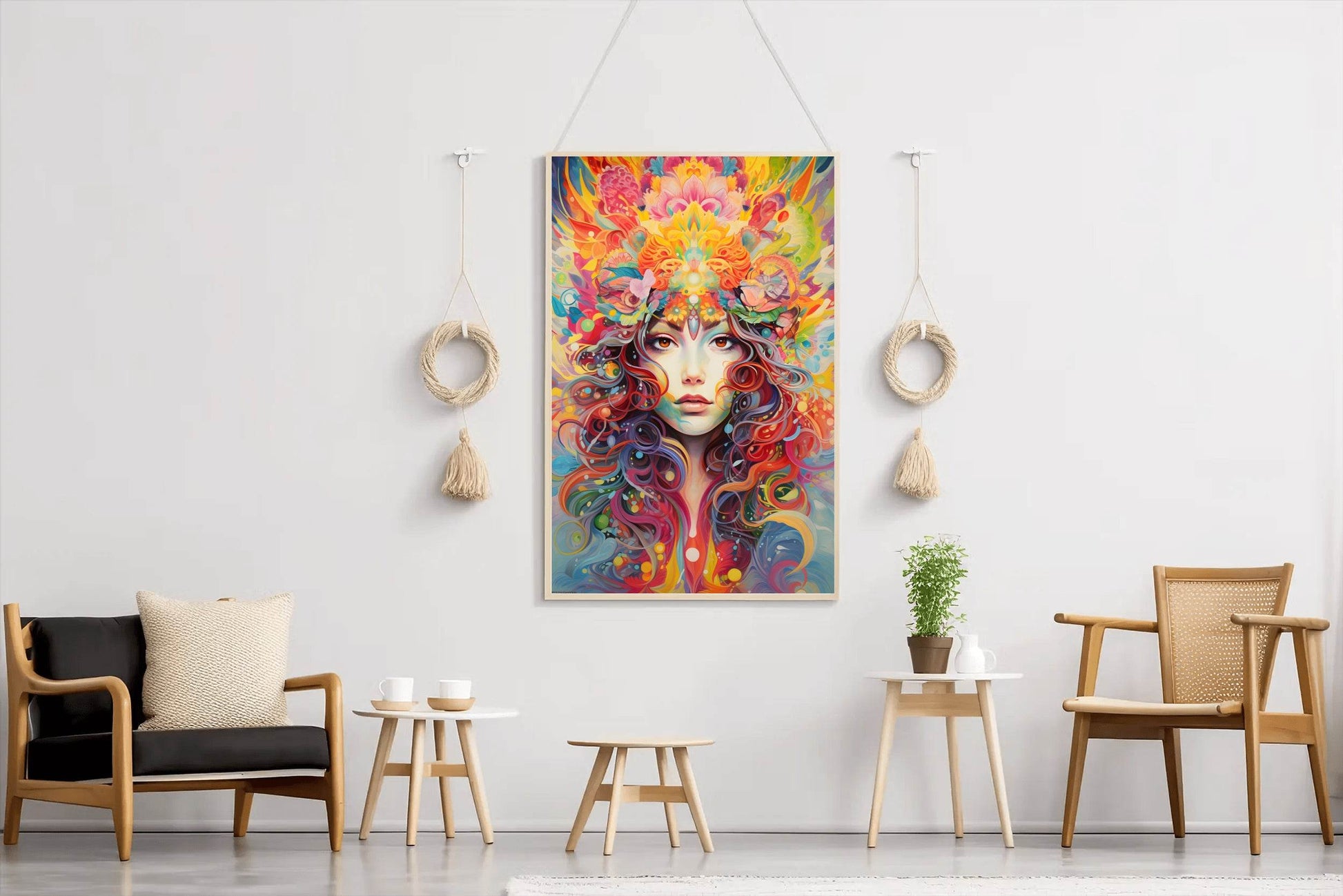 Painting of a Woman with a Colorful Headpiece and Flowers in Her Hair - beink online art store