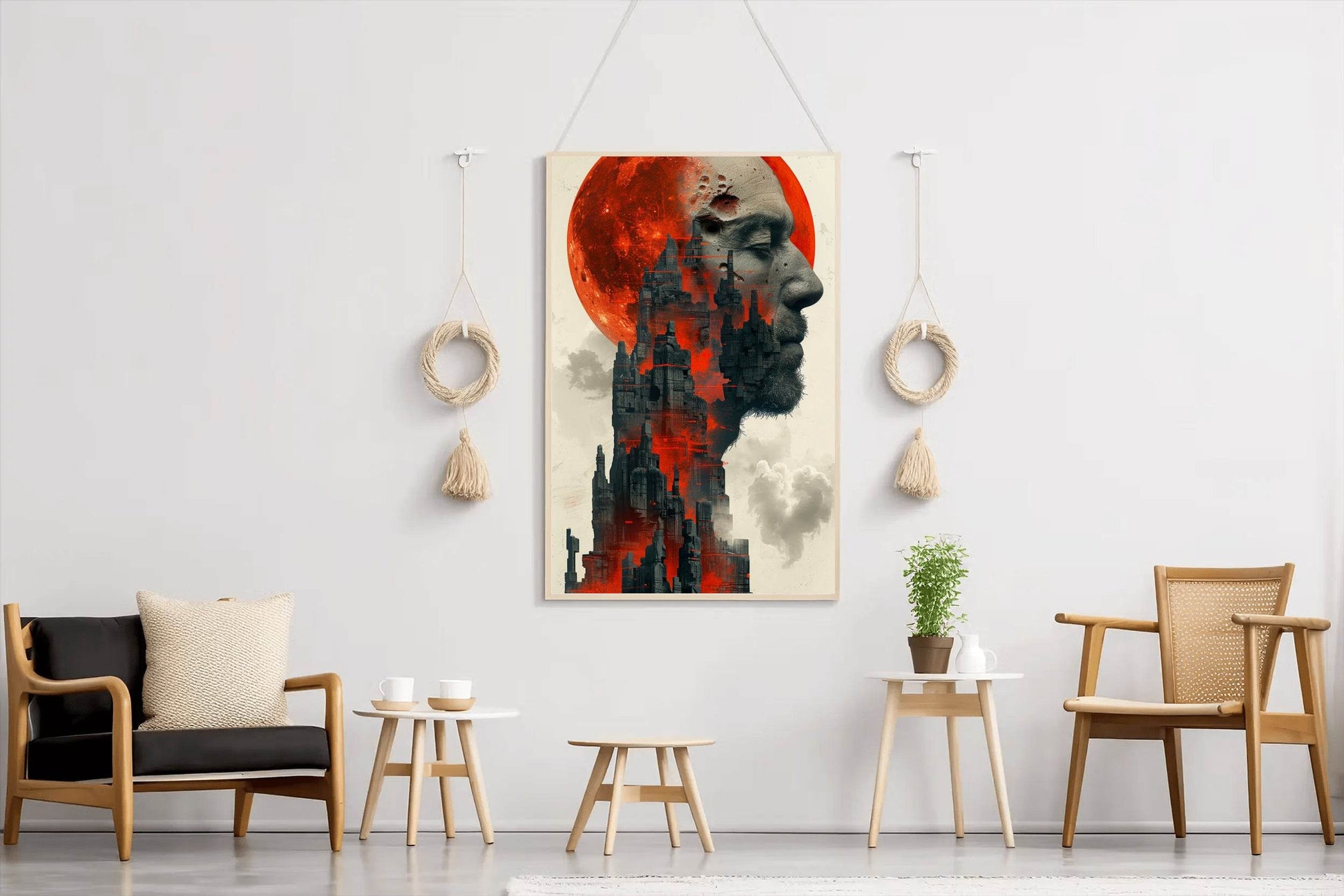 Gothic Cityscape With Face and Red Moon Digital Art - beink online art store