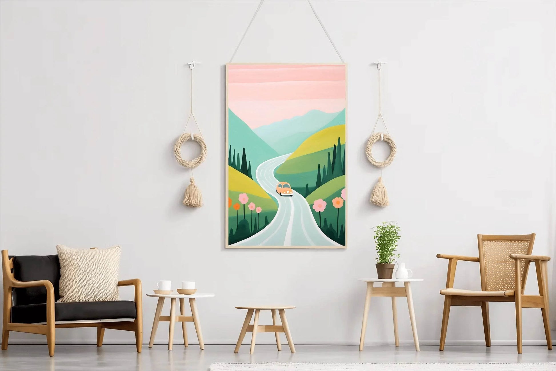 Painting of Pink Car Passing Through the Green Meadows - beink online art store
