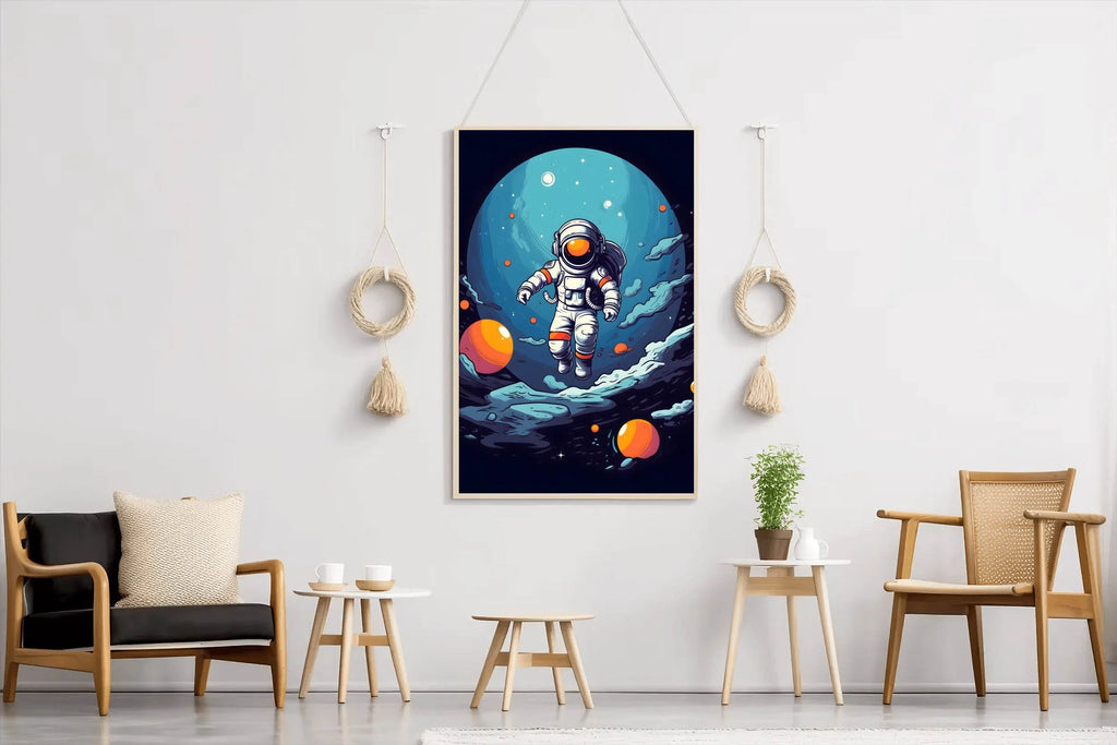 Cartoonish Illustration of Astronaut Flying in Space - beink online art store