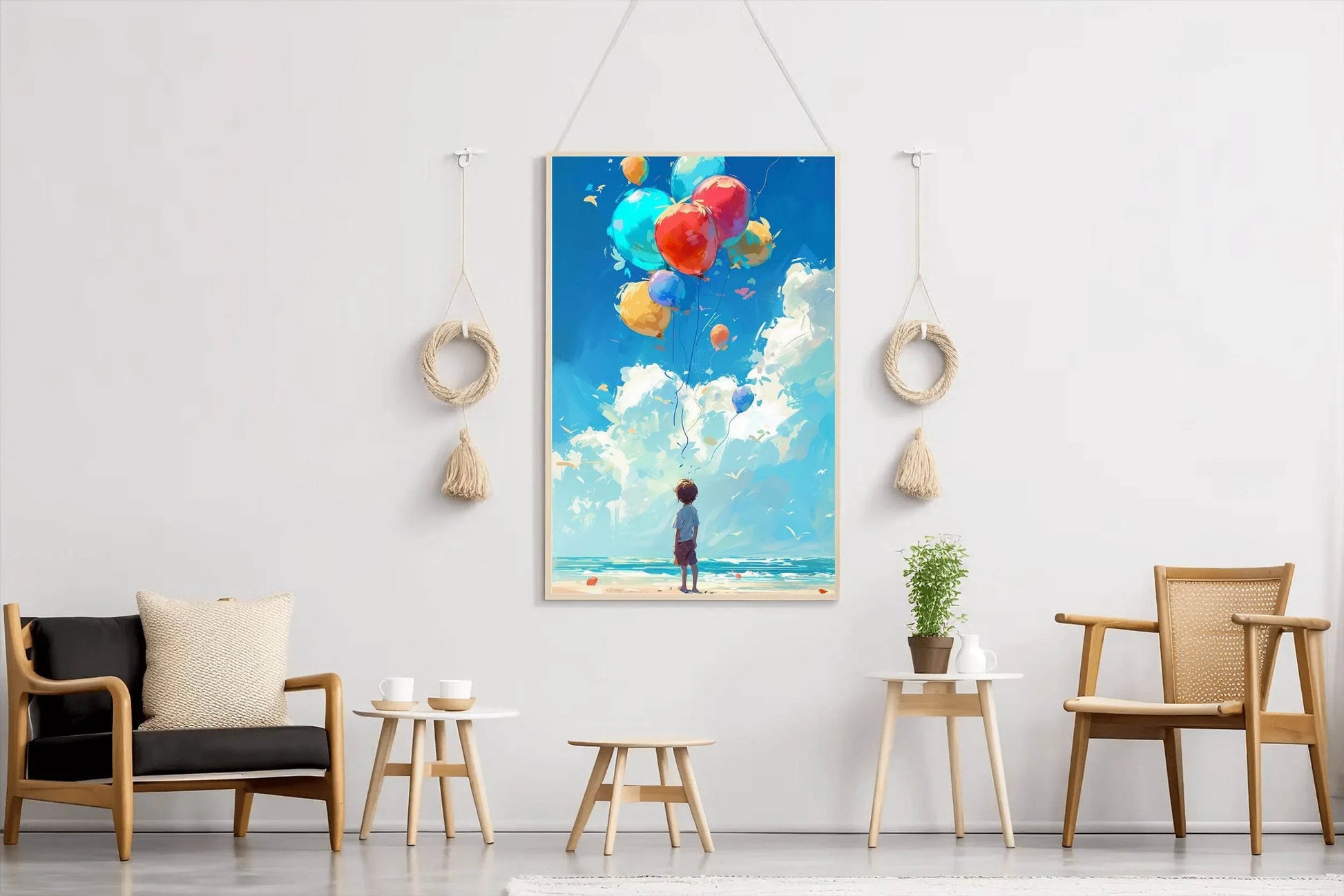 Painting of a Boy Standing Near Sea With Balloons - beink online art store