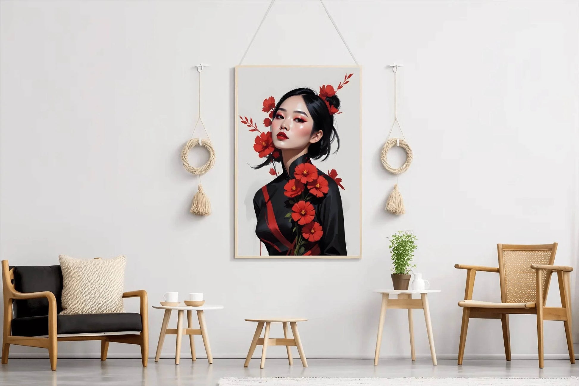 Asian Lady with Traditional Dress with Red flower Wall Art - beink online art store