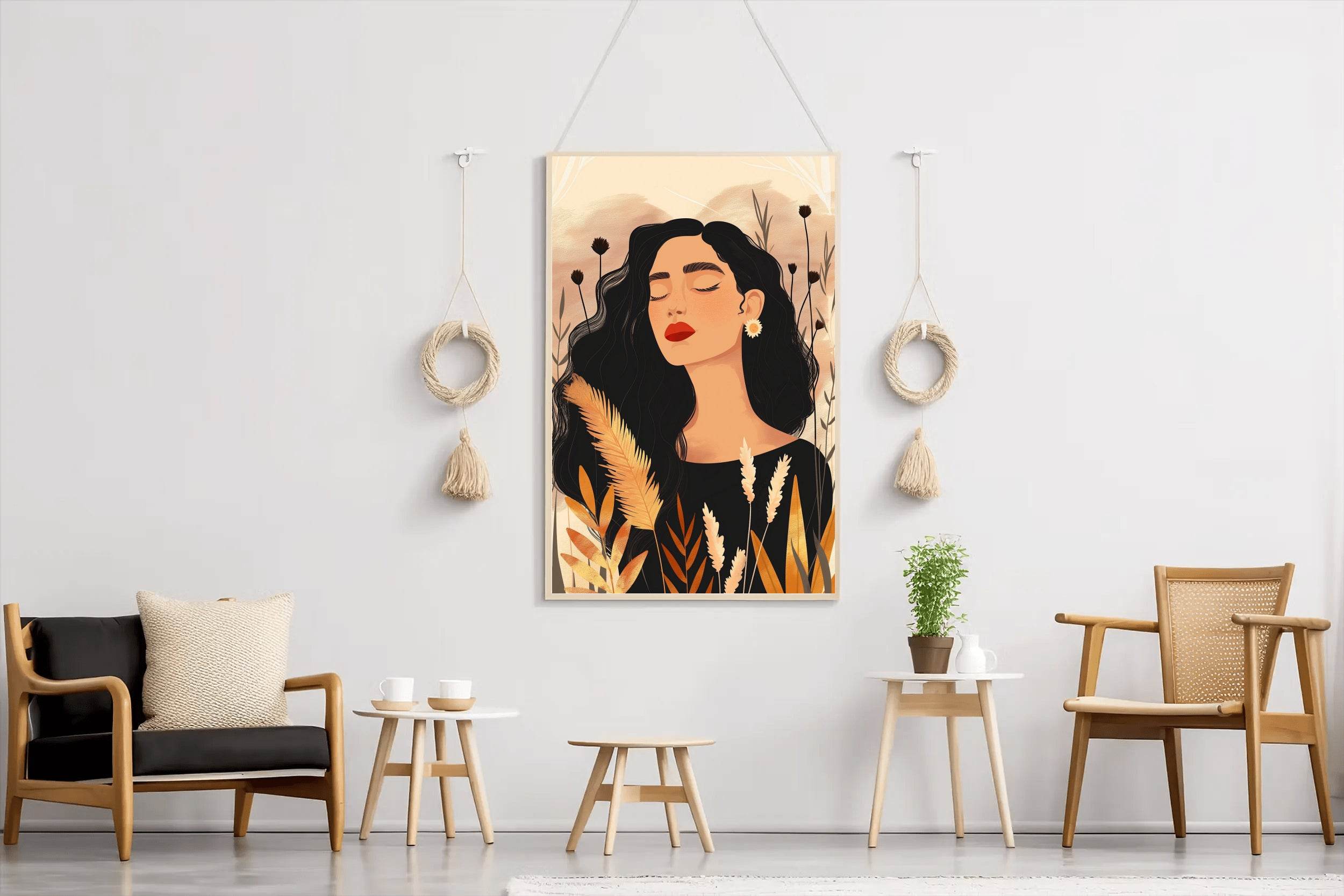 Woman with Curly Hair on Simple Background ArtWork - beink online art store