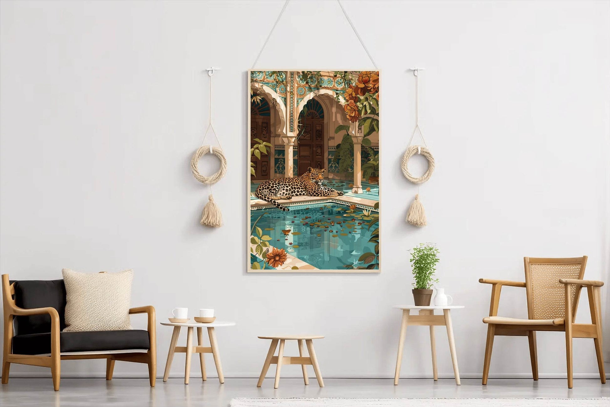 Painting of Tiger Sitting Near Blue Water Pool - beink online art store