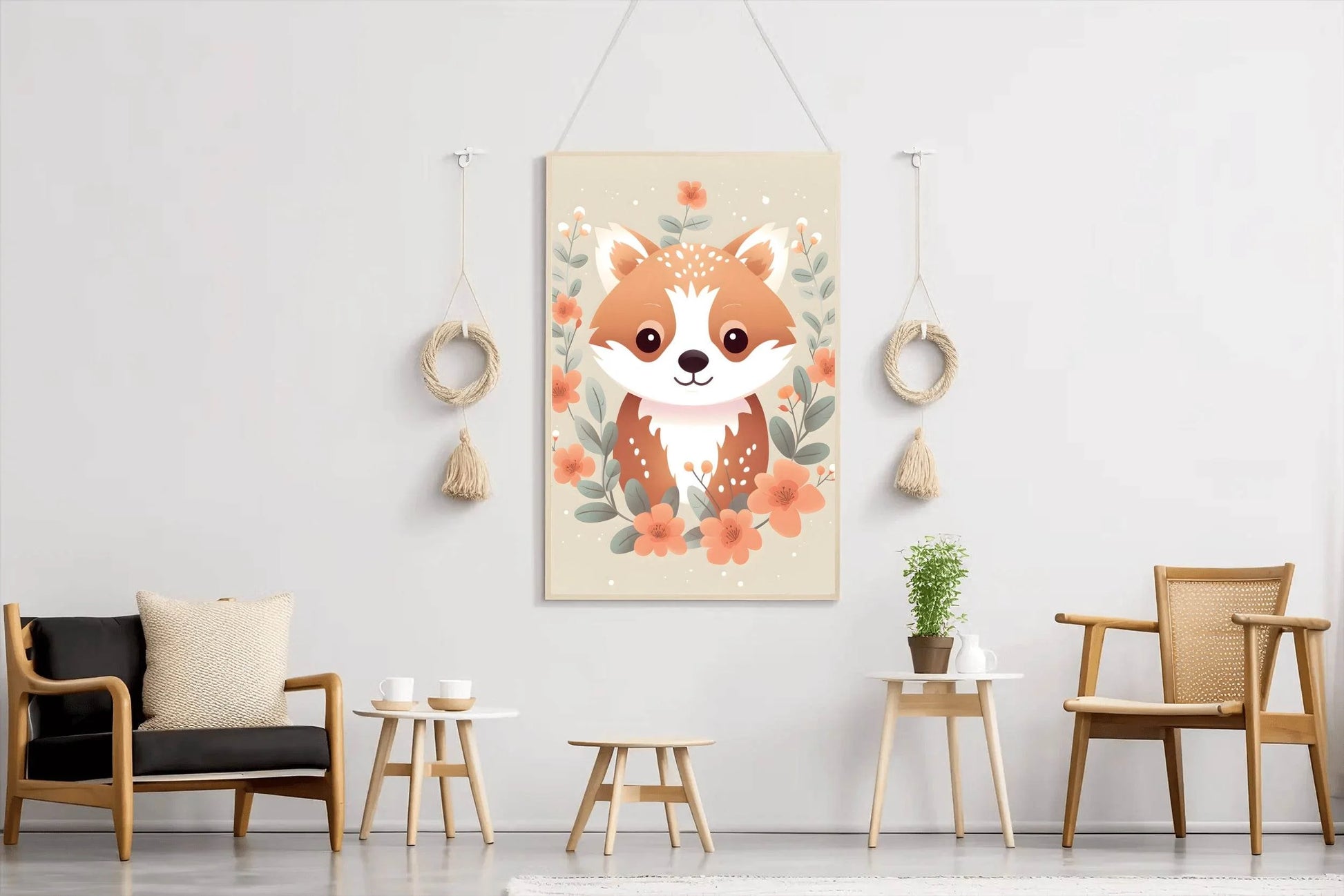 Painting of Cute Little Fox Sitting among Flowers - beink online art store