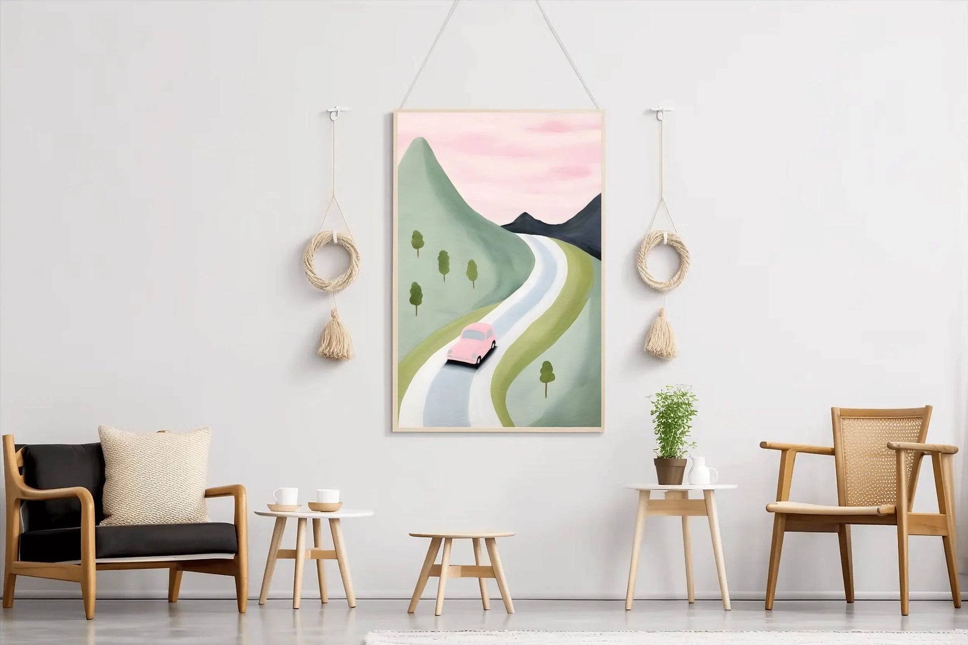 Watercolor Drawing of a Pink Car in the Mountains - beink online art store