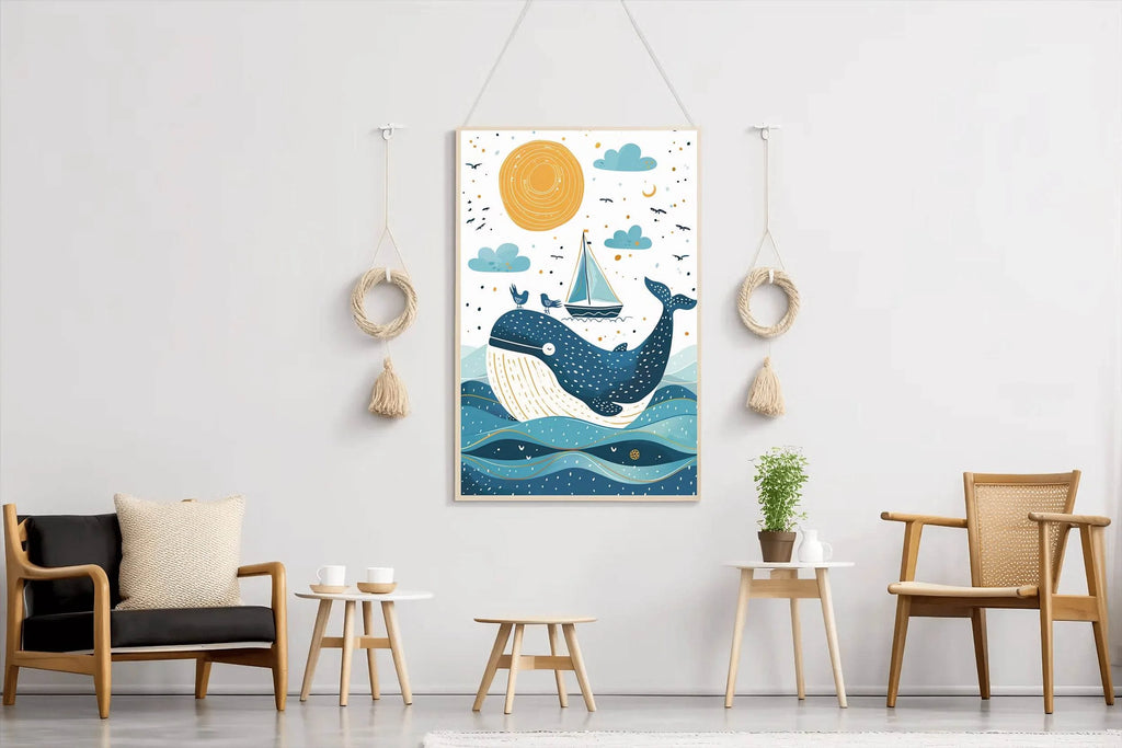 Painting of Blue Whale and a Boat in the Oean - beink online art store