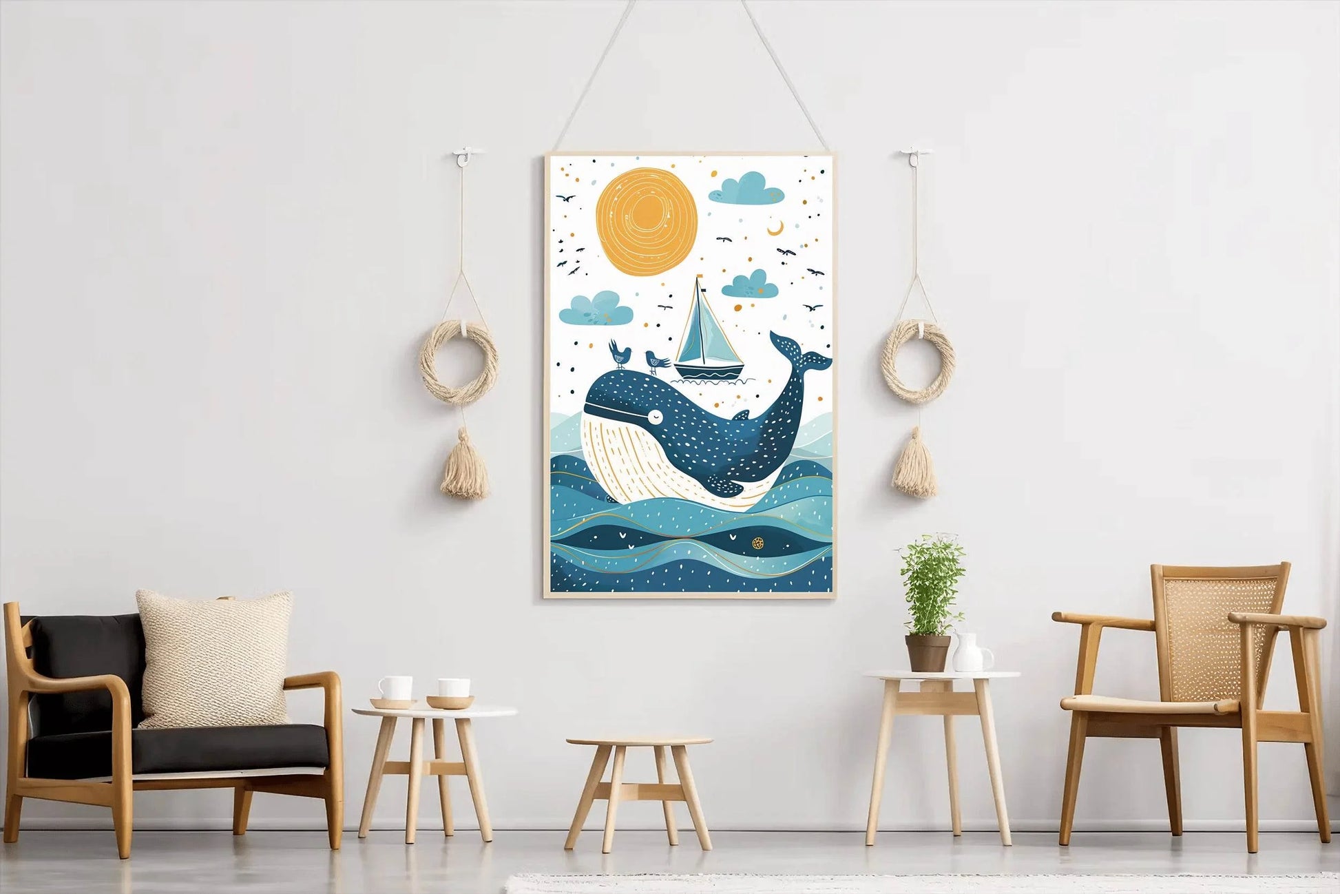 Painting of Blue Whale and a Boat in the Oean - beink online art store