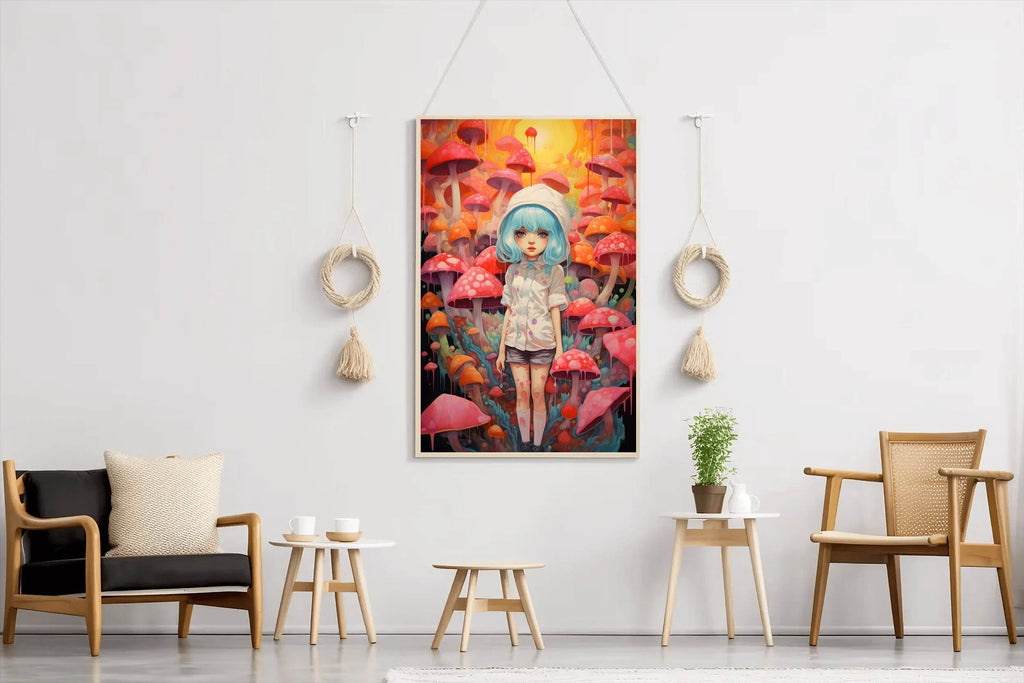 Painting of a Anime girl Standing in a Forest of Mushrooms - beink online art store