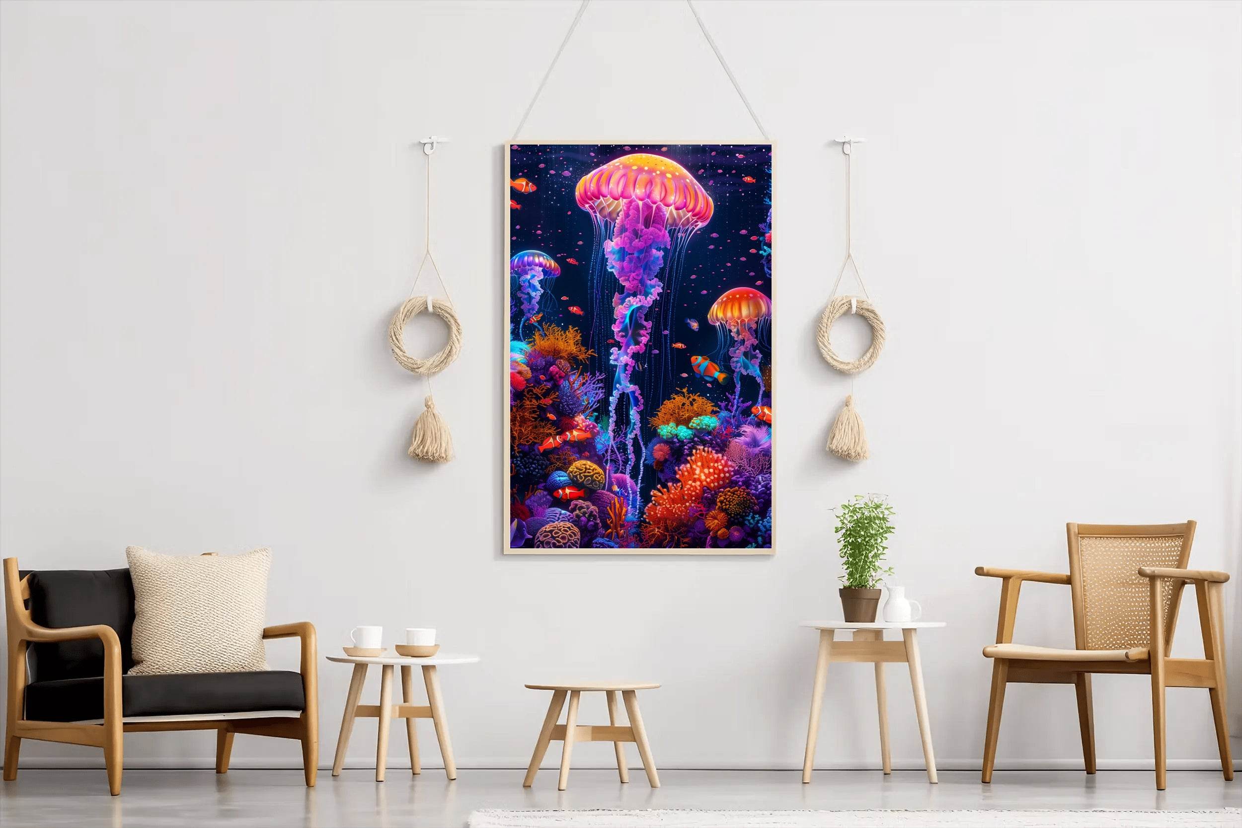 Neon Jellyfish Fantasy Underwater Wall Art - beink online art store