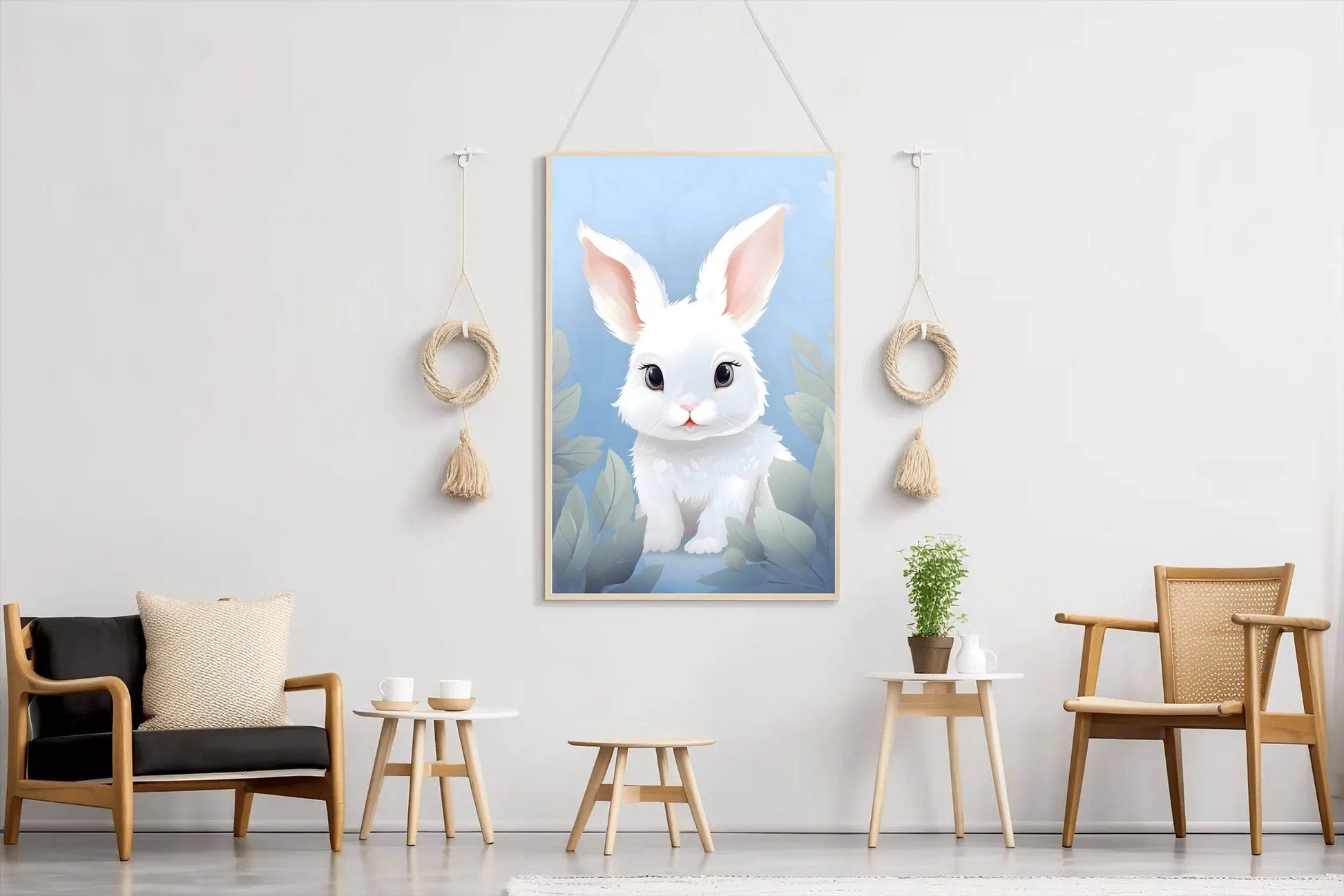 Cute Whit Little Cartoon Bunny Watercolor Painting - beink online art store