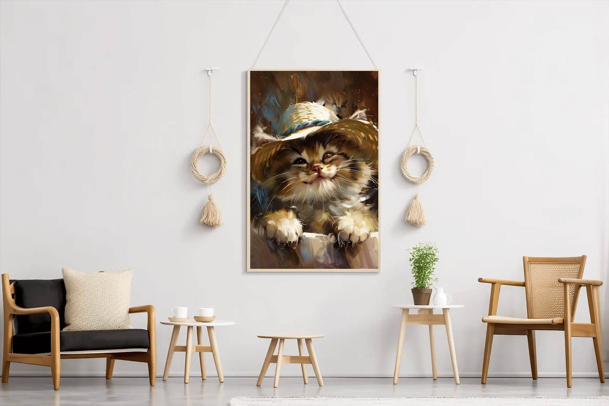 Hand Painted Painting of Smiling Cat Wearing Hat - beink online art store