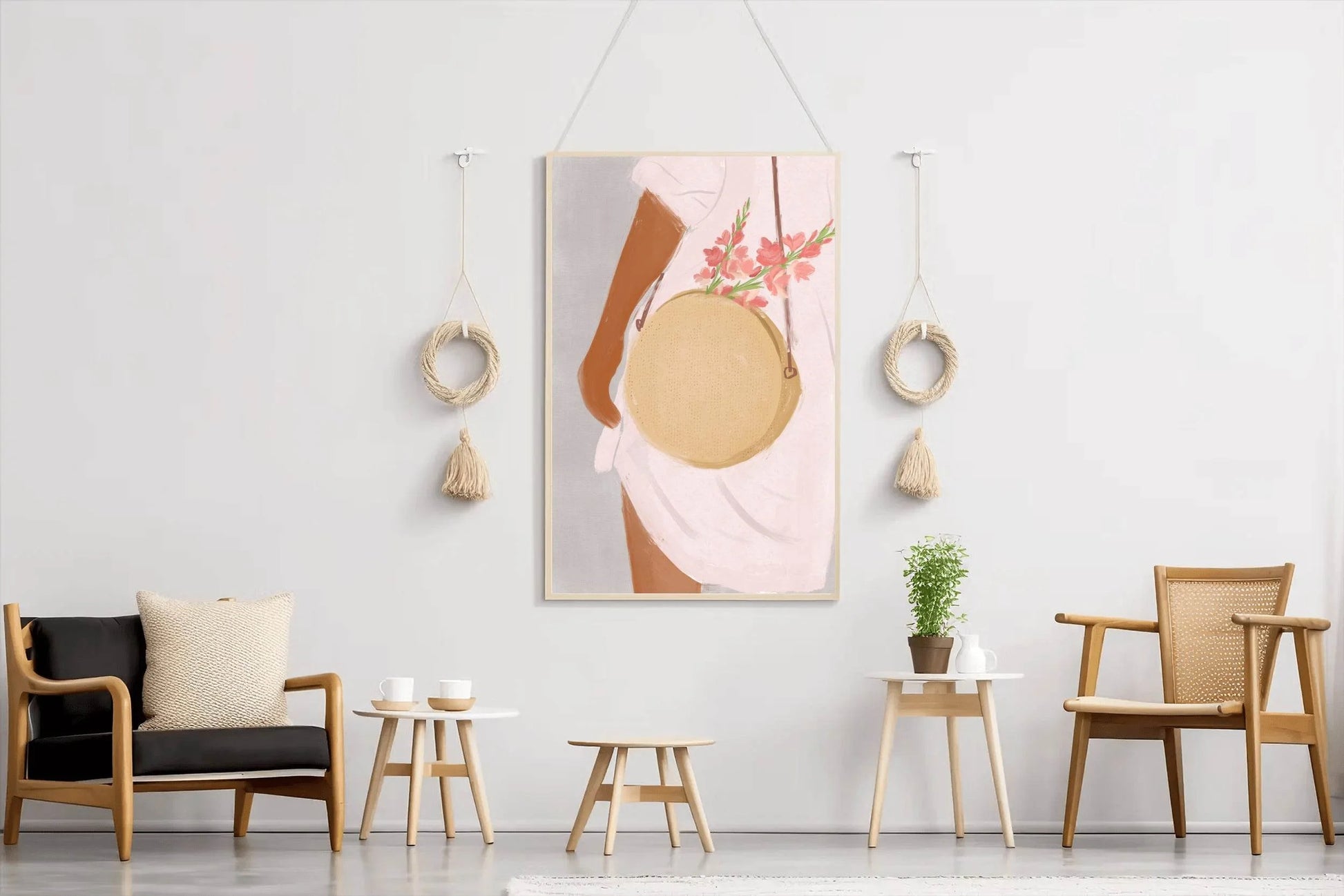Woman in A White Shirt With A Bag Decorated With Flowers Wall Art - beink online art store
