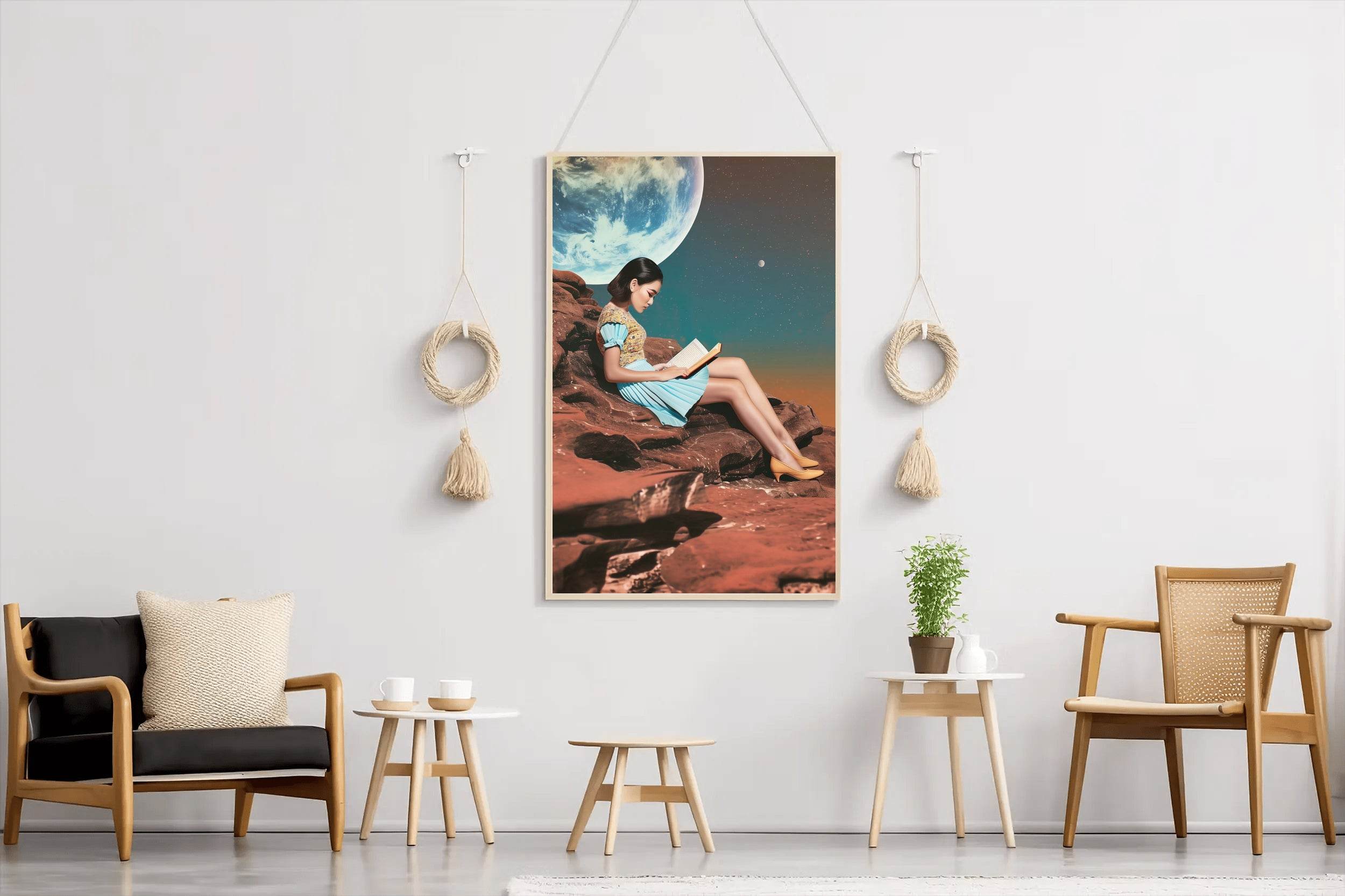 Girl Reading Book With Moon Background Wall Art - beink online art store