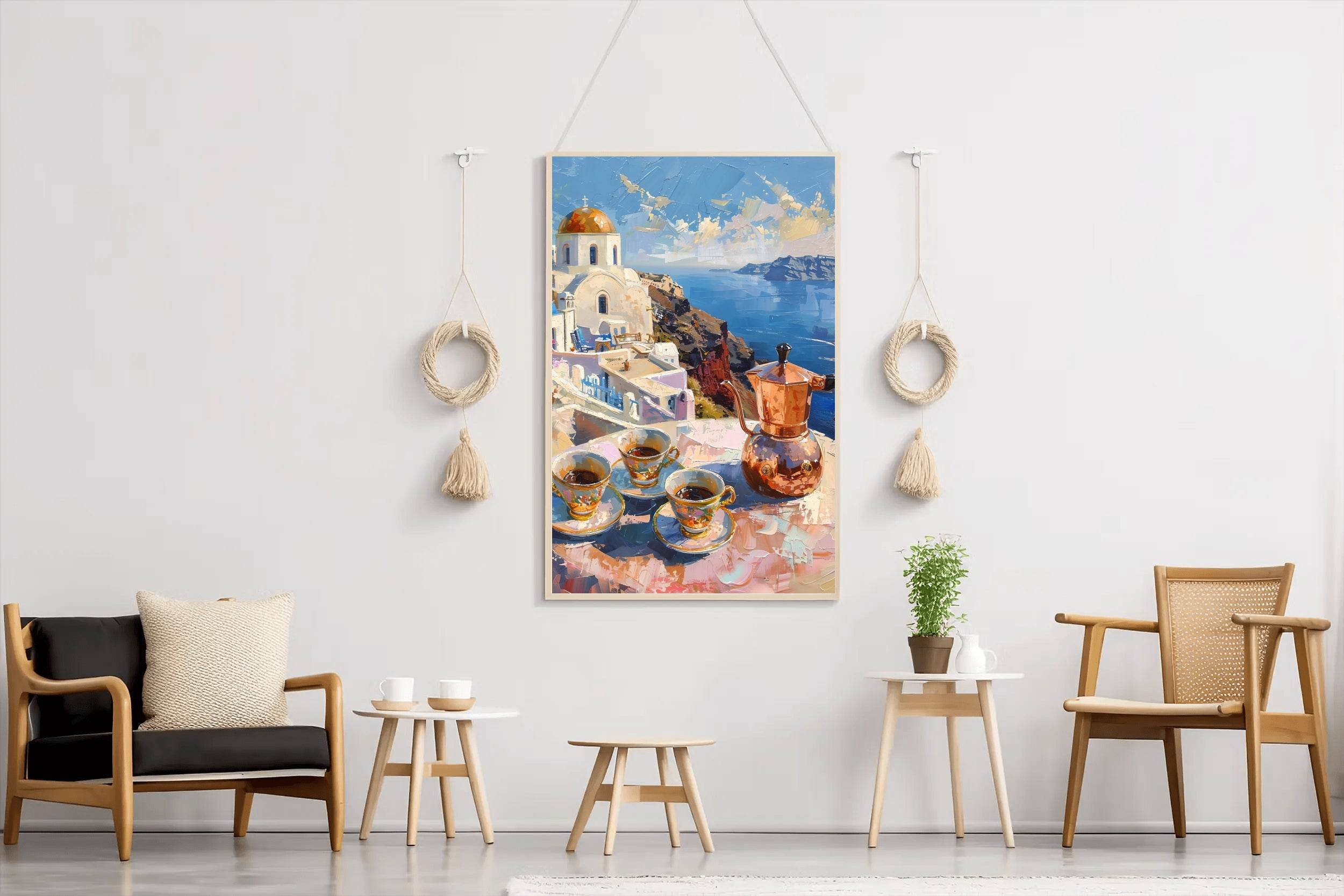 Morning Coffee with a View Greek Getaway Santorini Sunrise Wall Art - beink online art store