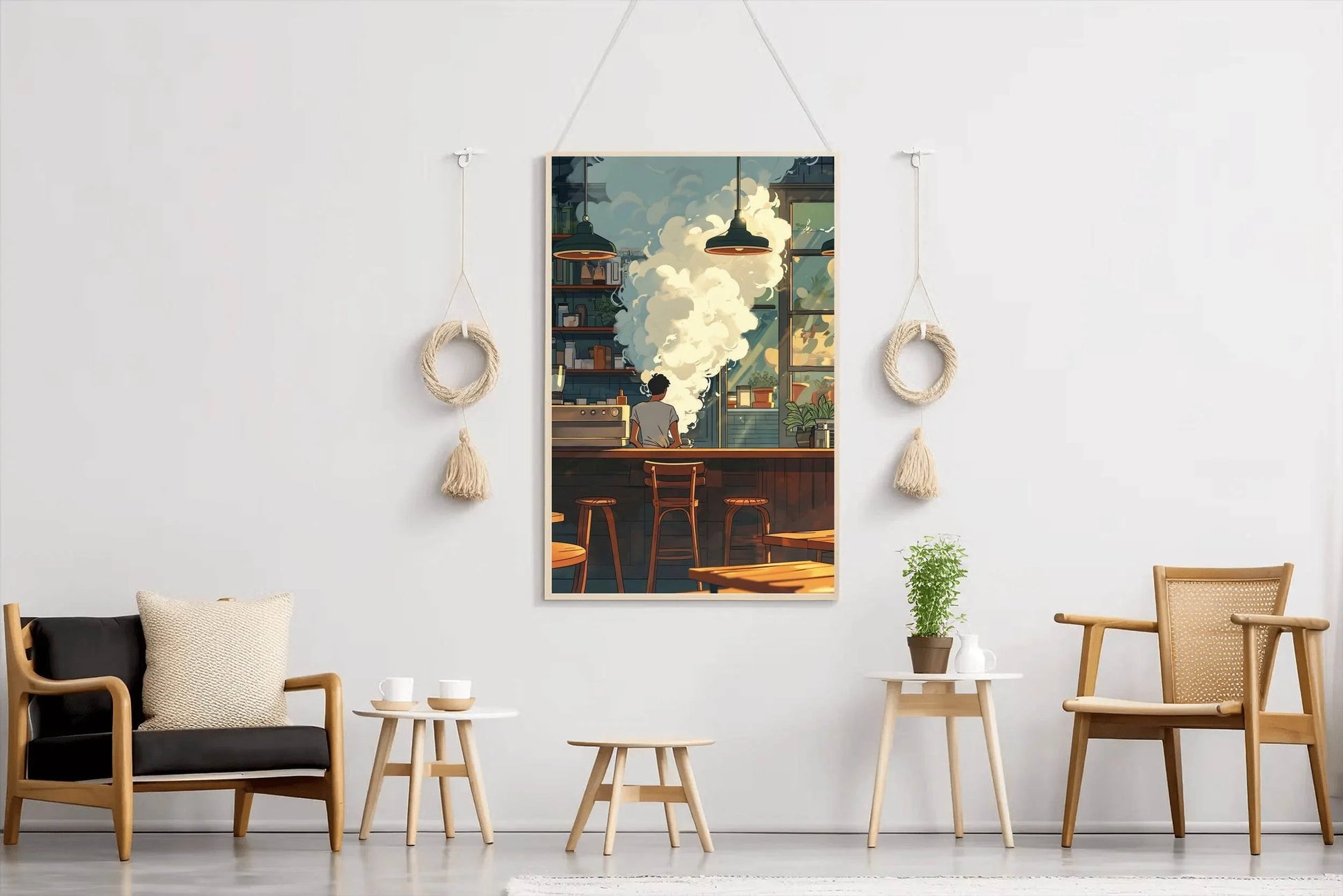 Cartoon Steam With Man in Coffee shop Anime Wall Art - beink online art store