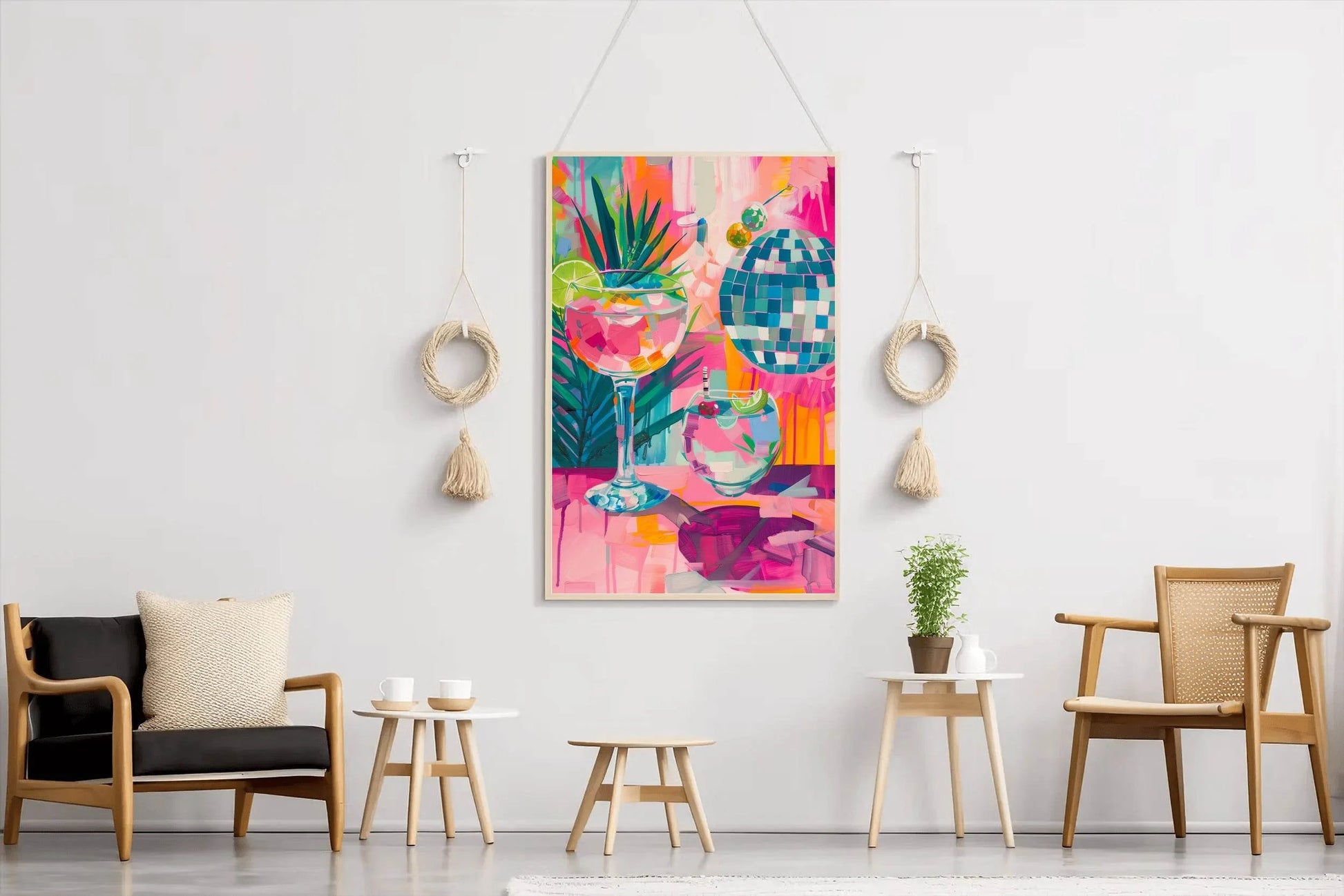 Painting of a Cocktail and Glasses with a Palm Tree in the Background Wall Art - beink online art store