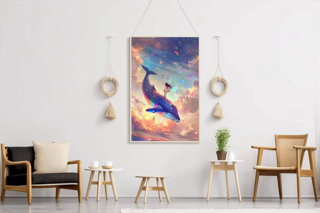 Illustration of a Girl Riding Colorful Whale - beink online art store