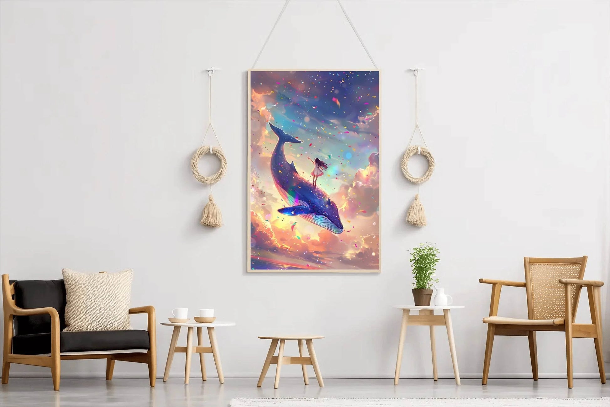 Illustration of a Girl Riding Colorful Whale - beink online art store