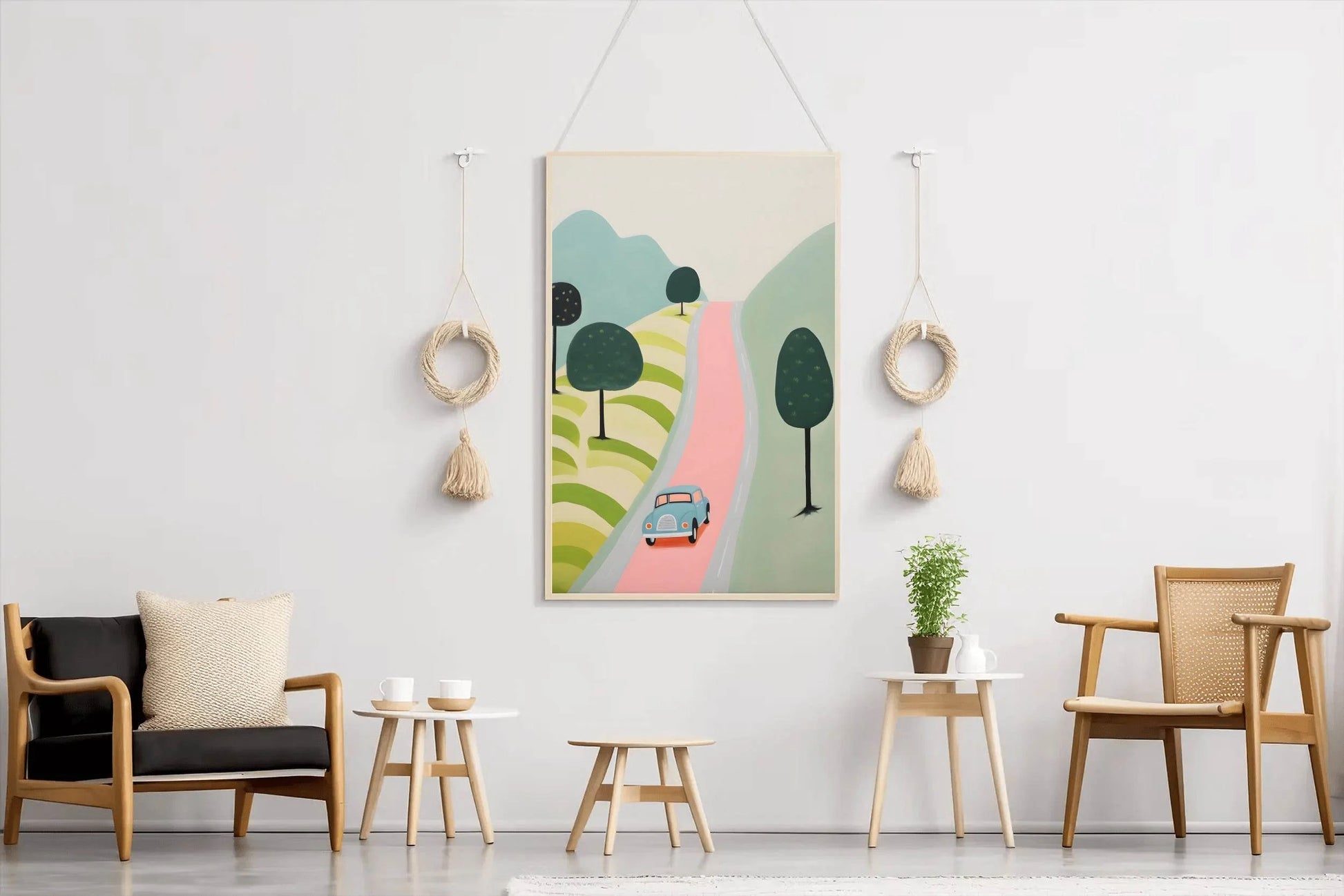 Green Car Passing From a Village - beink online art store