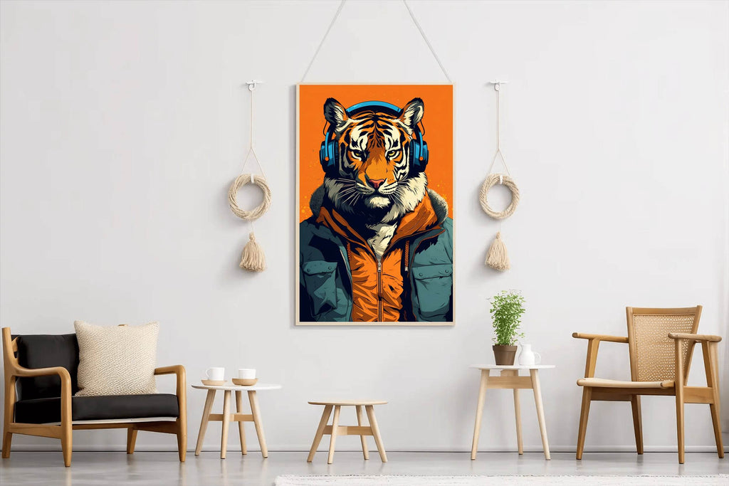 Painting of a Tiger Wearing Headphones and a Jacket. - beink online art store