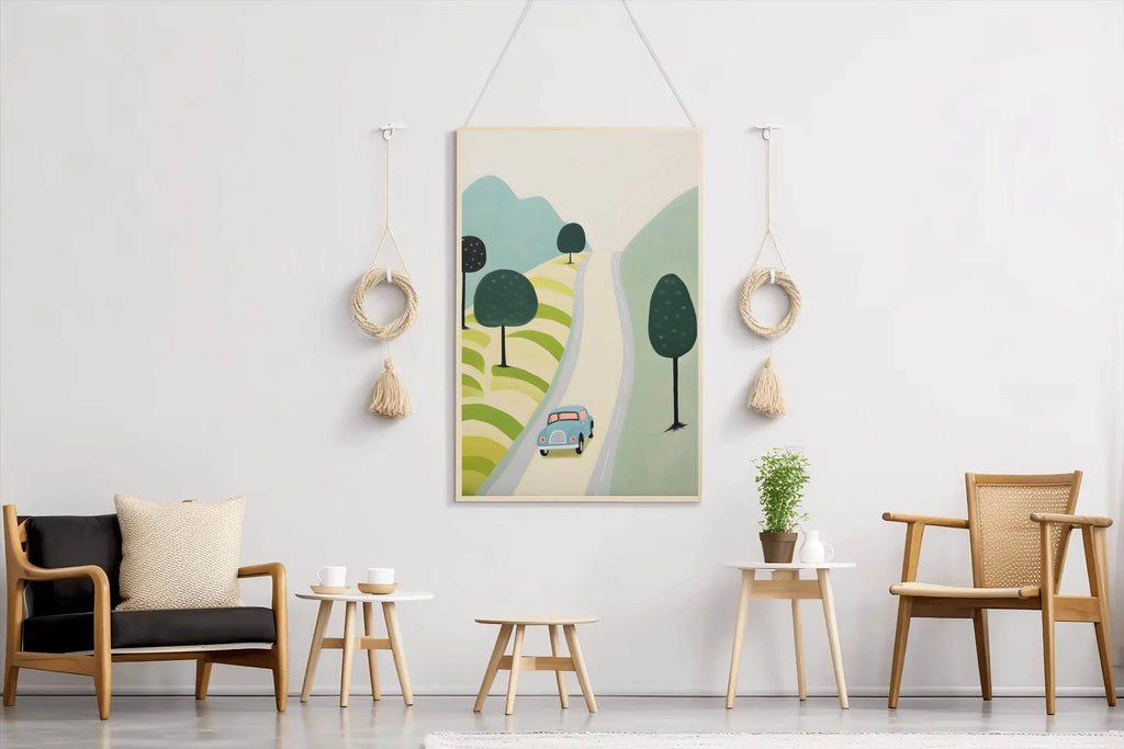Painting of Blue Car Passing Through Meadows - beink online art store