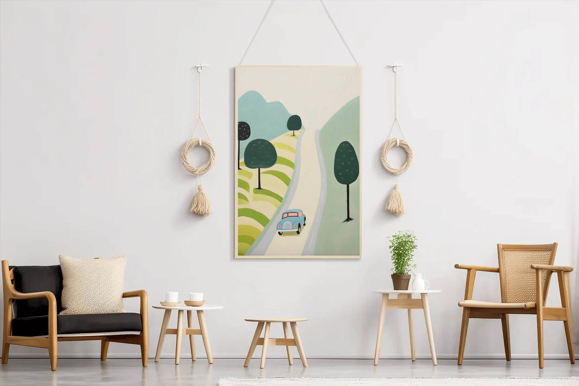 Painting of Blue Car Passing Through Meadows - beink online art store