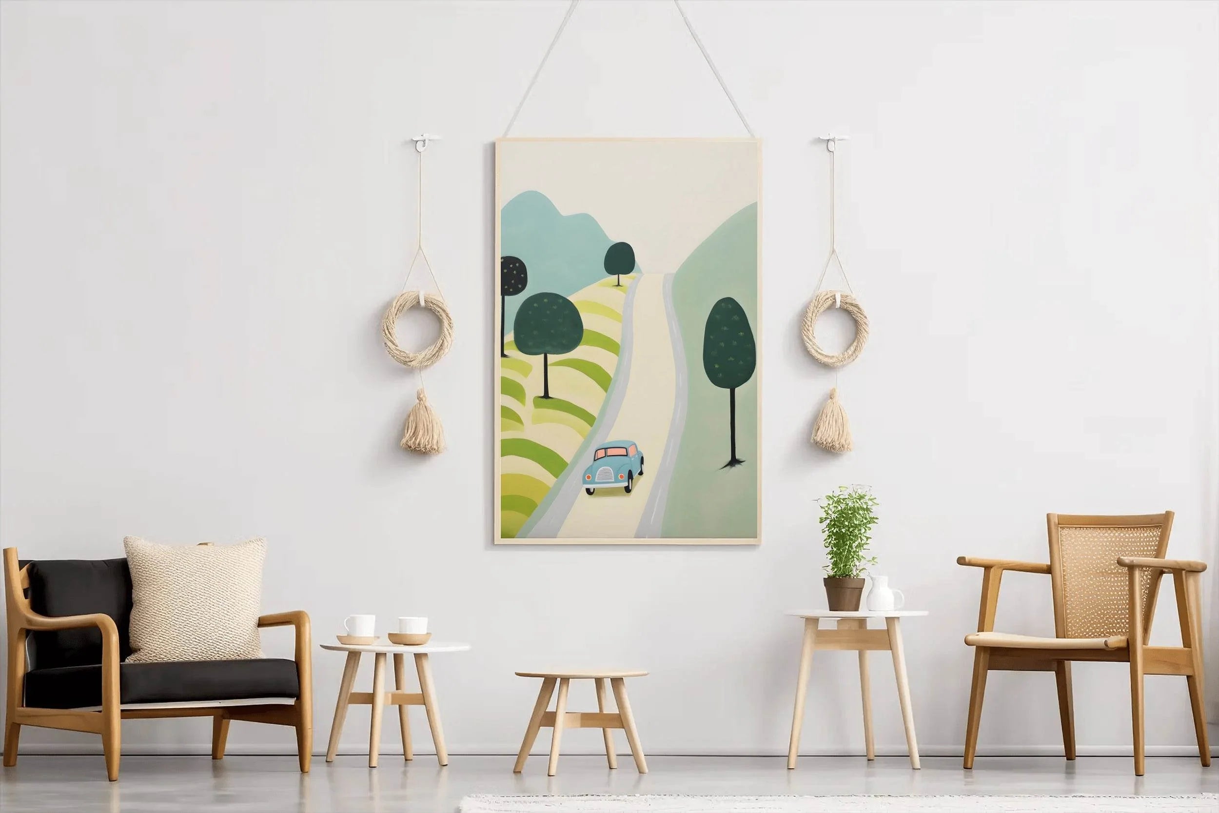 Painting of Blue Car Passing Through Meadows - beink online art store