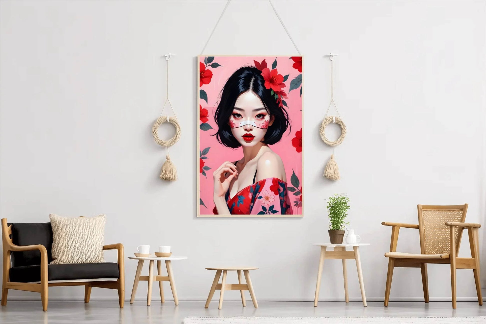 Japanese character with Pink and Red flower background Wall Art - beink online art store