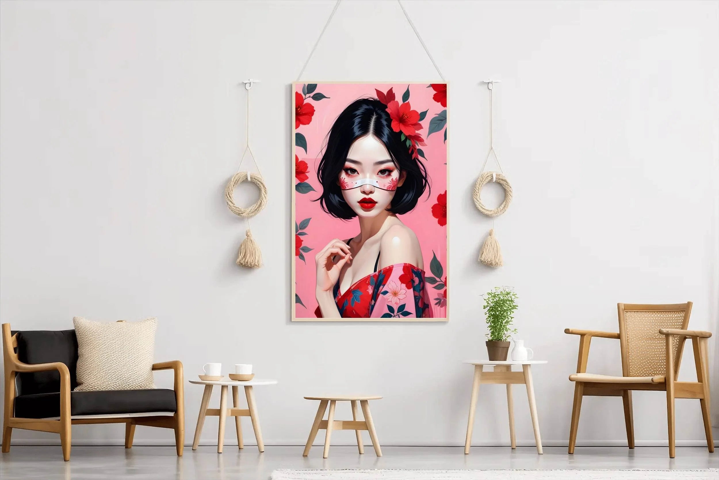 Japanese character with Pink and Red flower background Wall Art - beink online art store