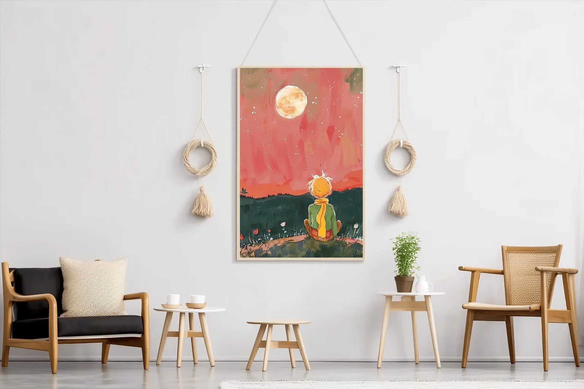 Brushed Illustration of a Boy Watching the Moon - beink online art store