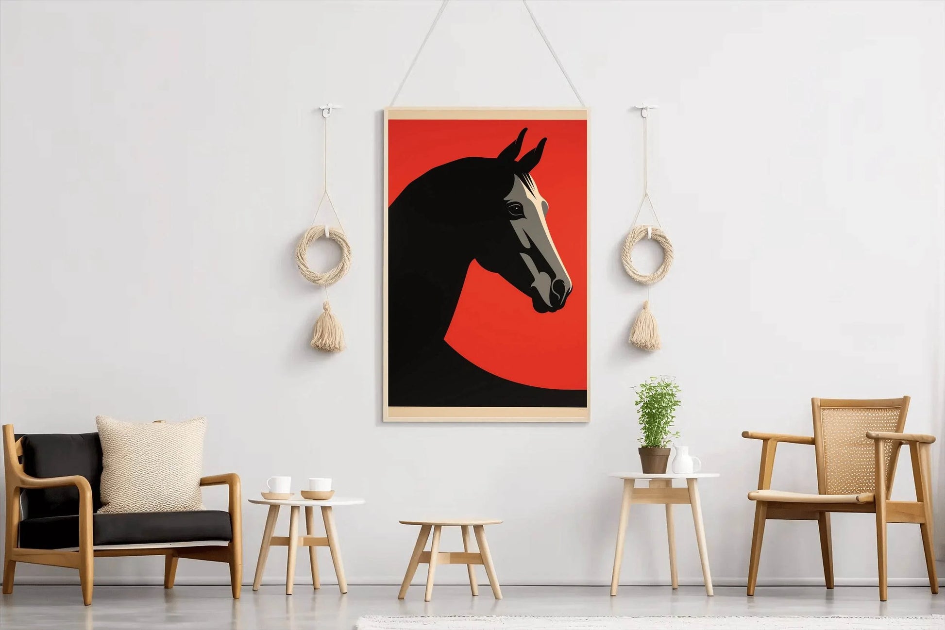 Black Horse Painted Drawing With Red Background - beink online art store