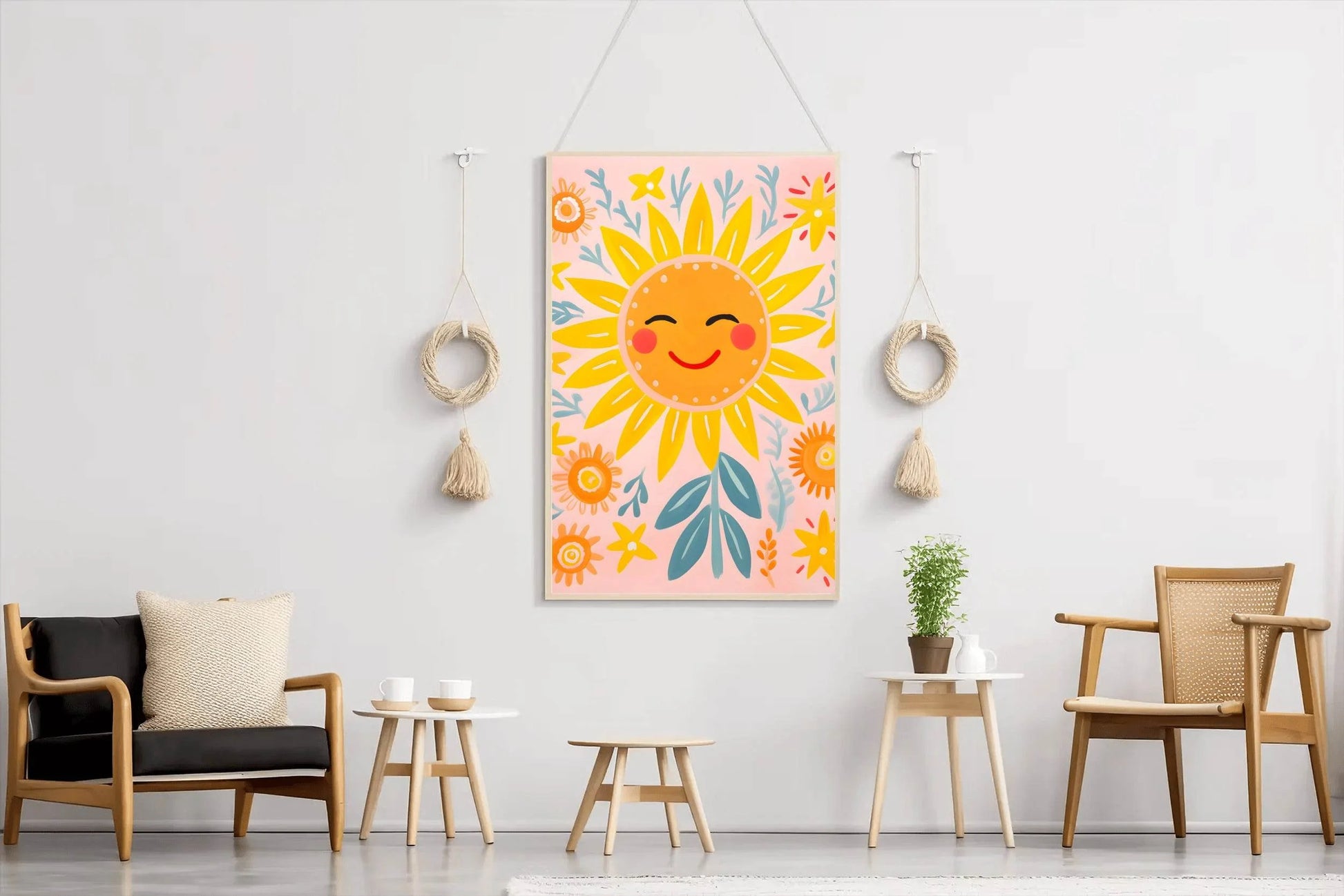 Painting of Smiling Sunflower With Floral Background - beink online art store