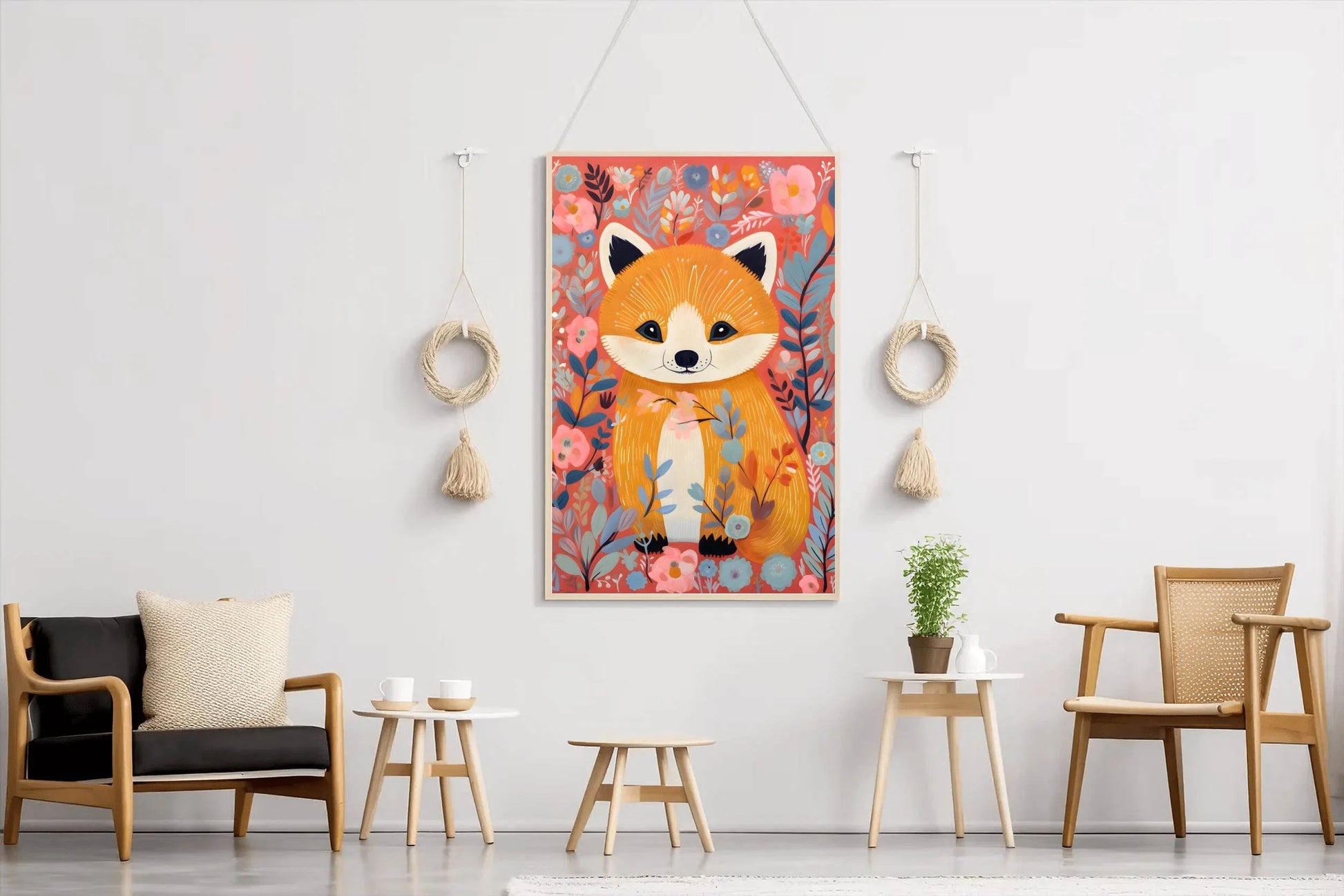 Drawing of Little Fox Sitting in the Flowers - beink online art store