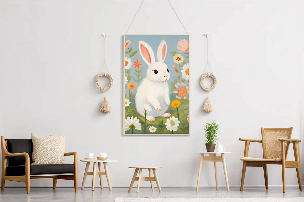 White Bunny Sitting Among Flowers - beink online art store