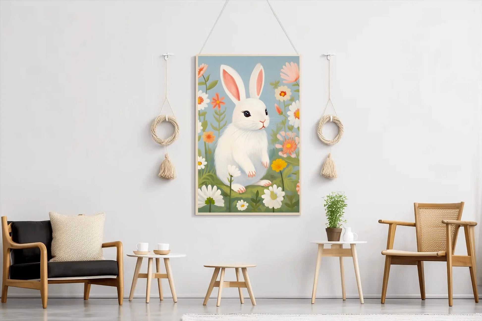 White Bunny Sitting Among Flowers - beink online art store