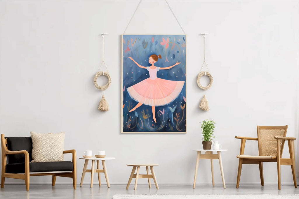 Watercolor Drawing of a Girl Daning in Pink Dress - beink online art store
