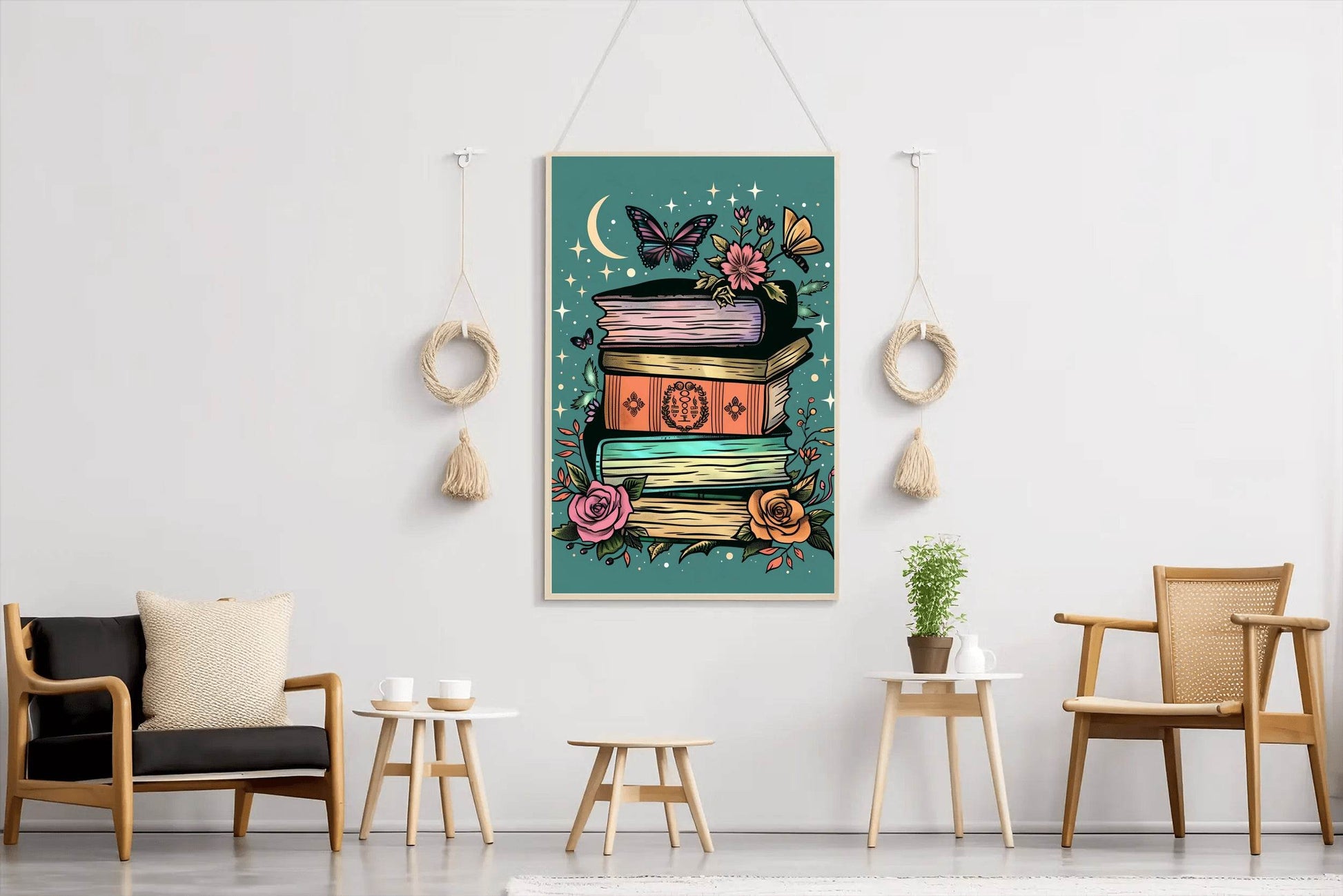Stack of Books with a Full Moon in the Background Wall Art - beink online art store
