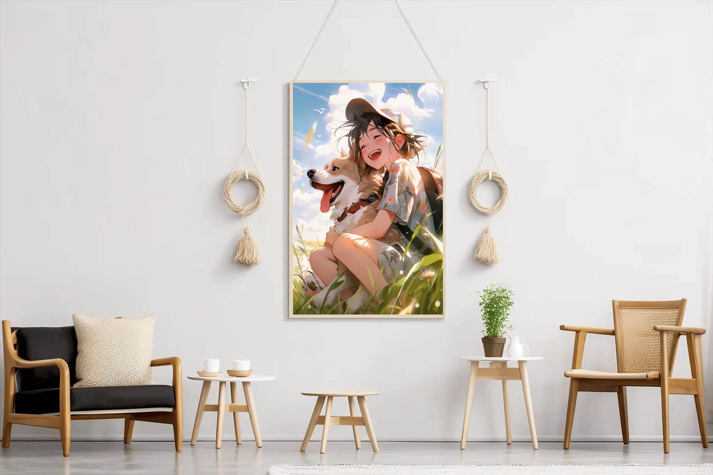 Portrait of cute dog in anime style with owner Wall Art - beink online art store