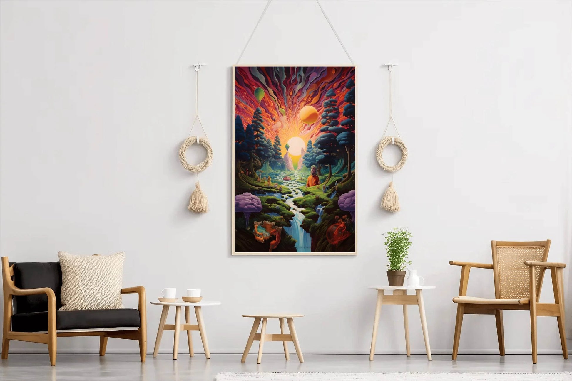 Painting of a Sunset Over a River With a Mountain Wall Art - beink online art store